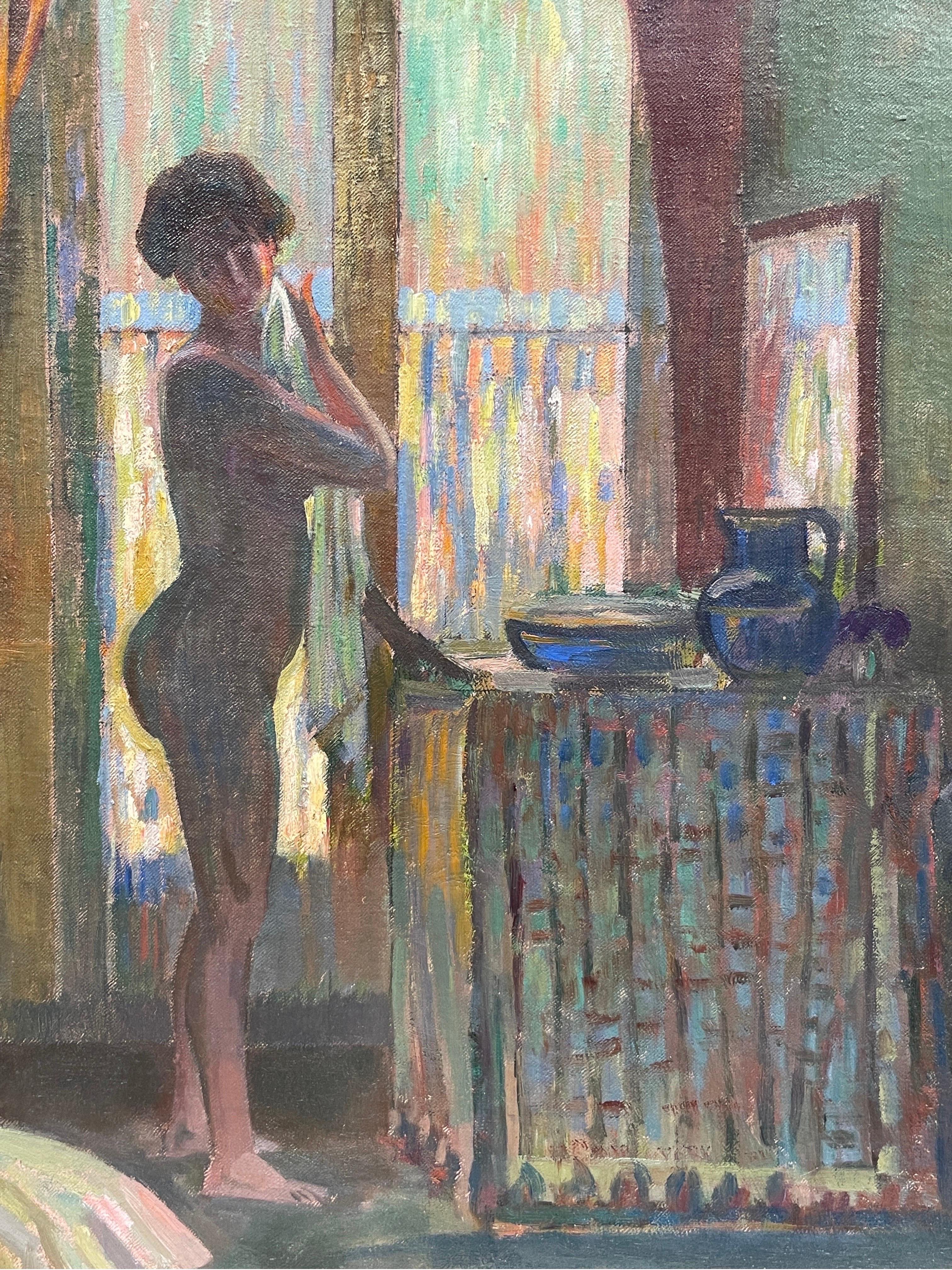 Raffinato olio del 1900 firmato da un post impressionista francese: Donna nuda al tavolo da toeletta - Nude Painting Grigio di Alfred Le Petit