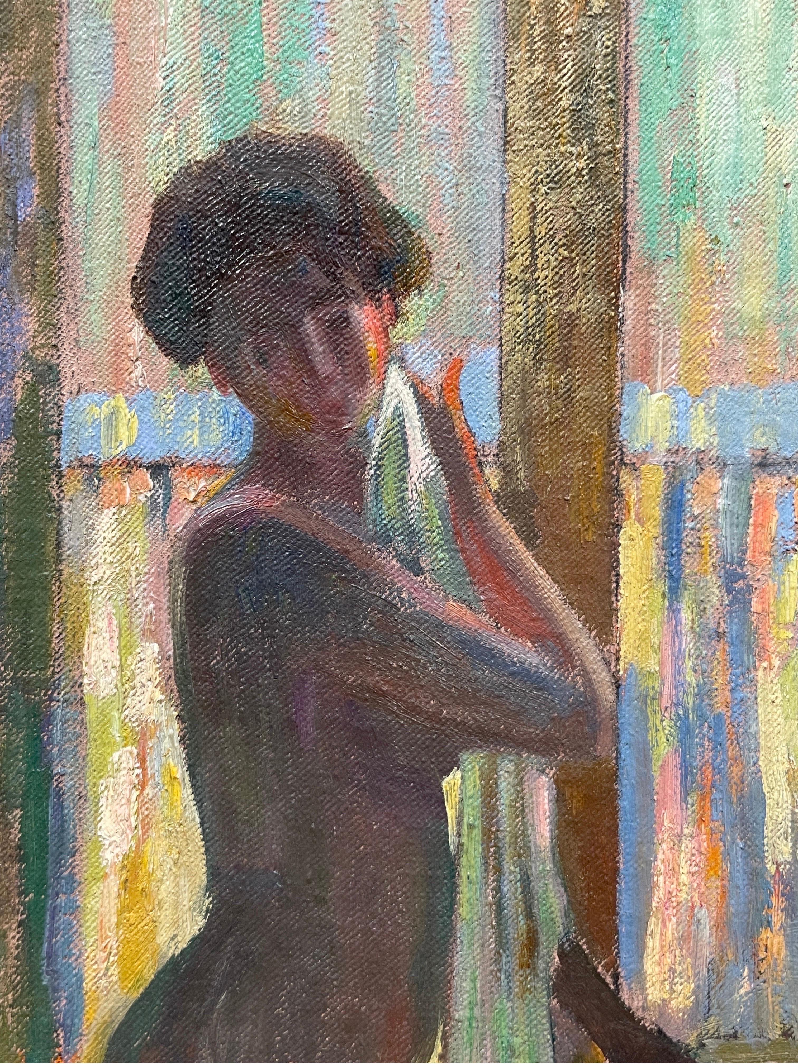 Raffinato olio del 1900 firmato da un post impressionista francese: Donna nuda al tavolo da toeletta 1
