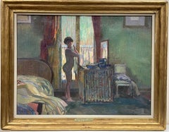 Fine 1900's French Post Impressionist Signed Oil Nude Lady at Dressing Table