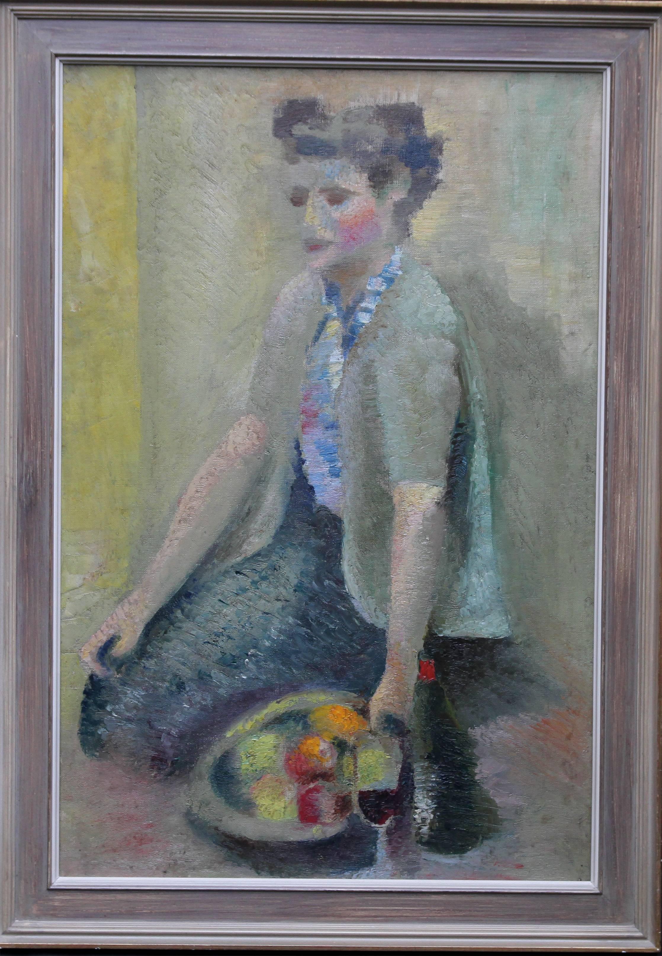 Alfred Lomnitz Portrait Painting - Post Impressionist Portrait of a Girl -Jewish 1920's art oil painting apples