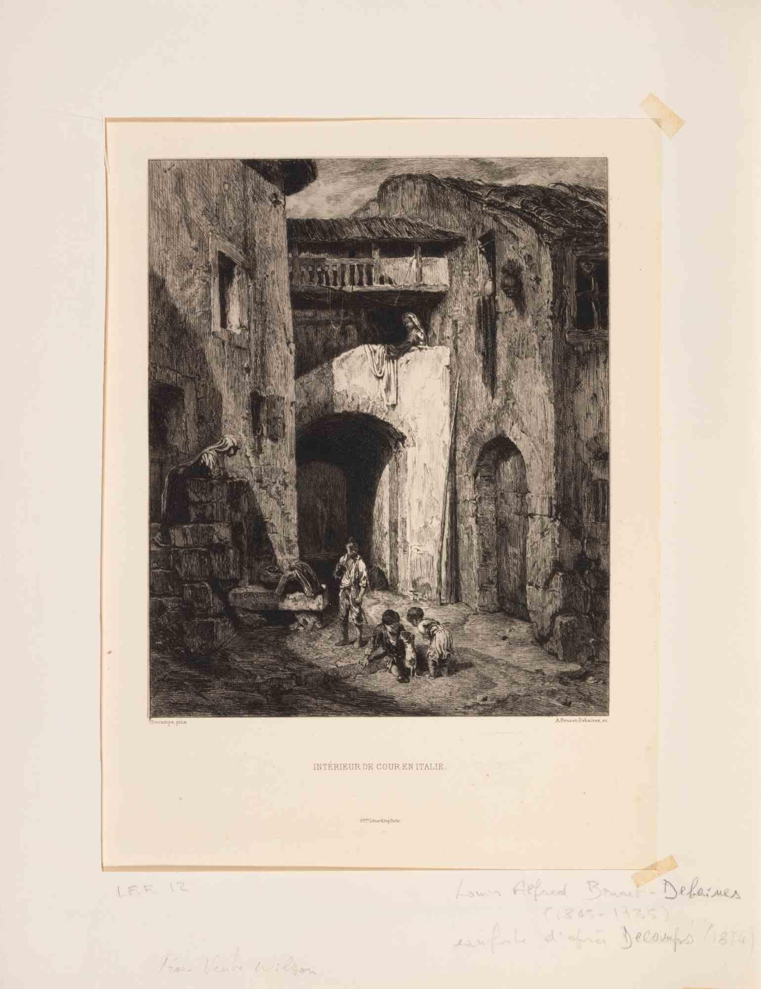Intérieur de Cour en Italie - Etching by Brunet-Debaines - 1863 - Print by Alfred-Louis Brunet-Debaines
