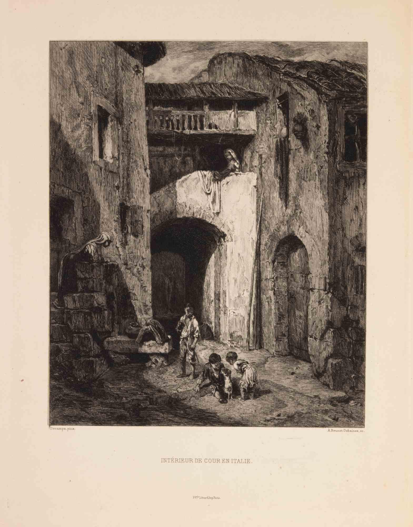 Alfred-Louis Brunet-Debaines Figurative Print - Intérieur de Cour en Italie - Etching by Brunet-Debaines - 1863