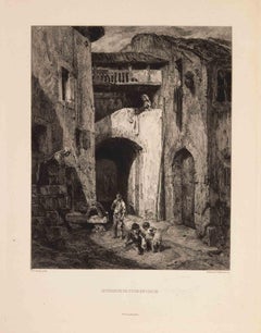 Intérieur de Cour en Italie - Etching by Brunet-Debaines - 1863
