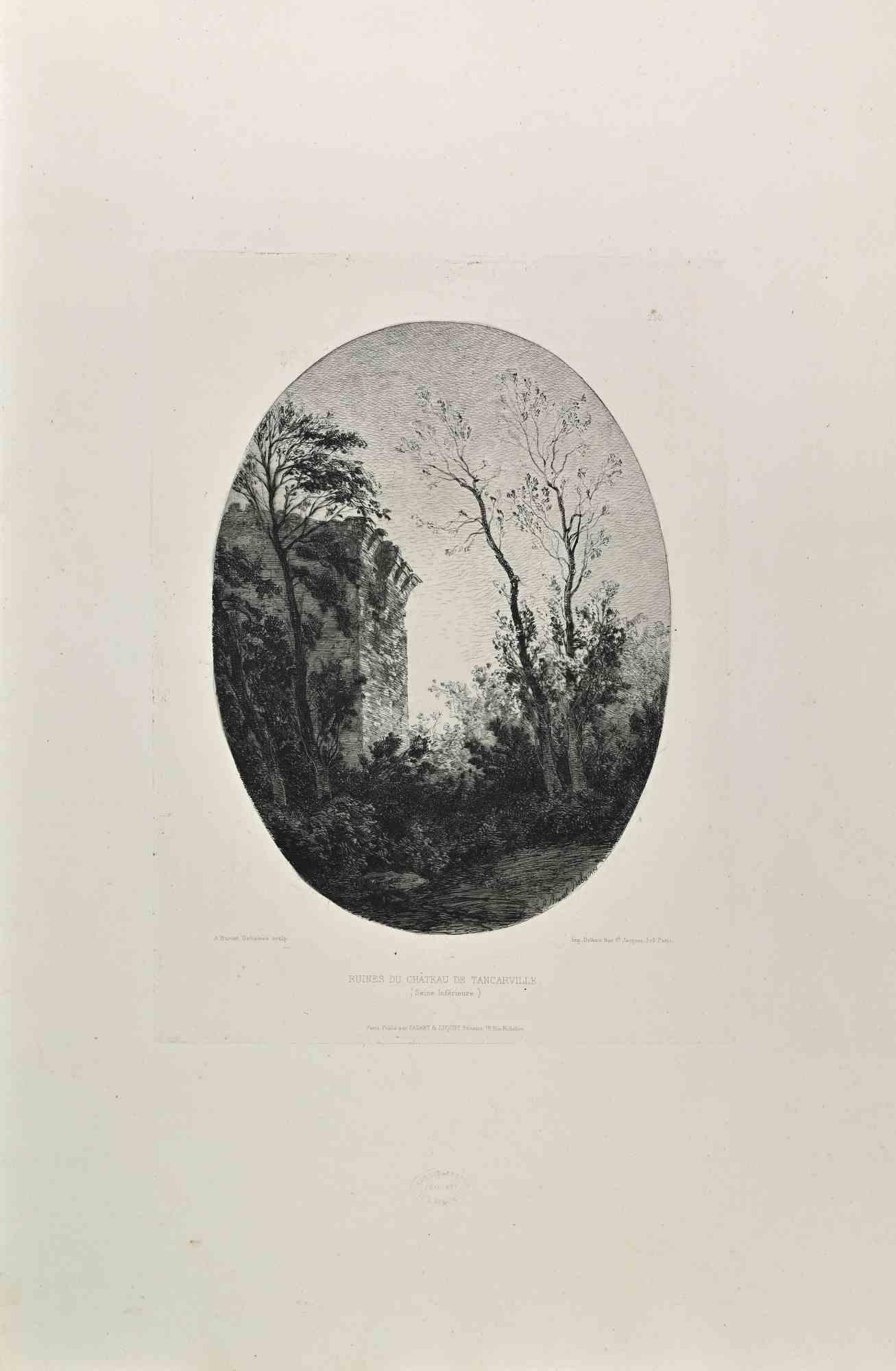 Ruinas del castillo de Tancarville es un aguafuerte en blanco y negro realizado por Alfred-Luois Burnet Debaines en la década de 1860. 

Titulado en la parte inferior.

Tamaño de la imagen: 31x22.

Muy buena impresión con amplios márgenes y un