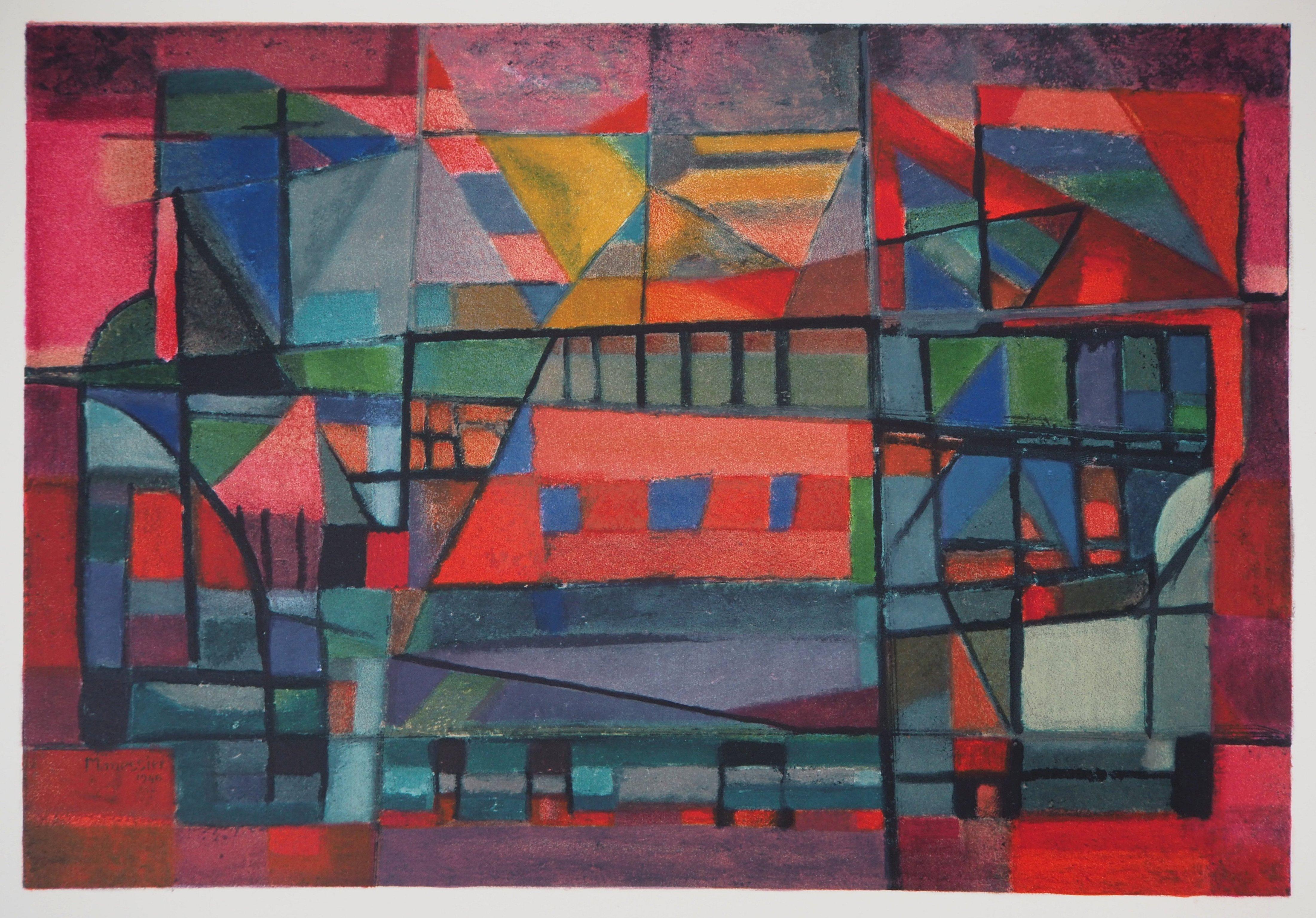 Construction of the Bridge in Red - Lithograph, Mourlot - Abstract Geometric Print by Alfred MANESSIER