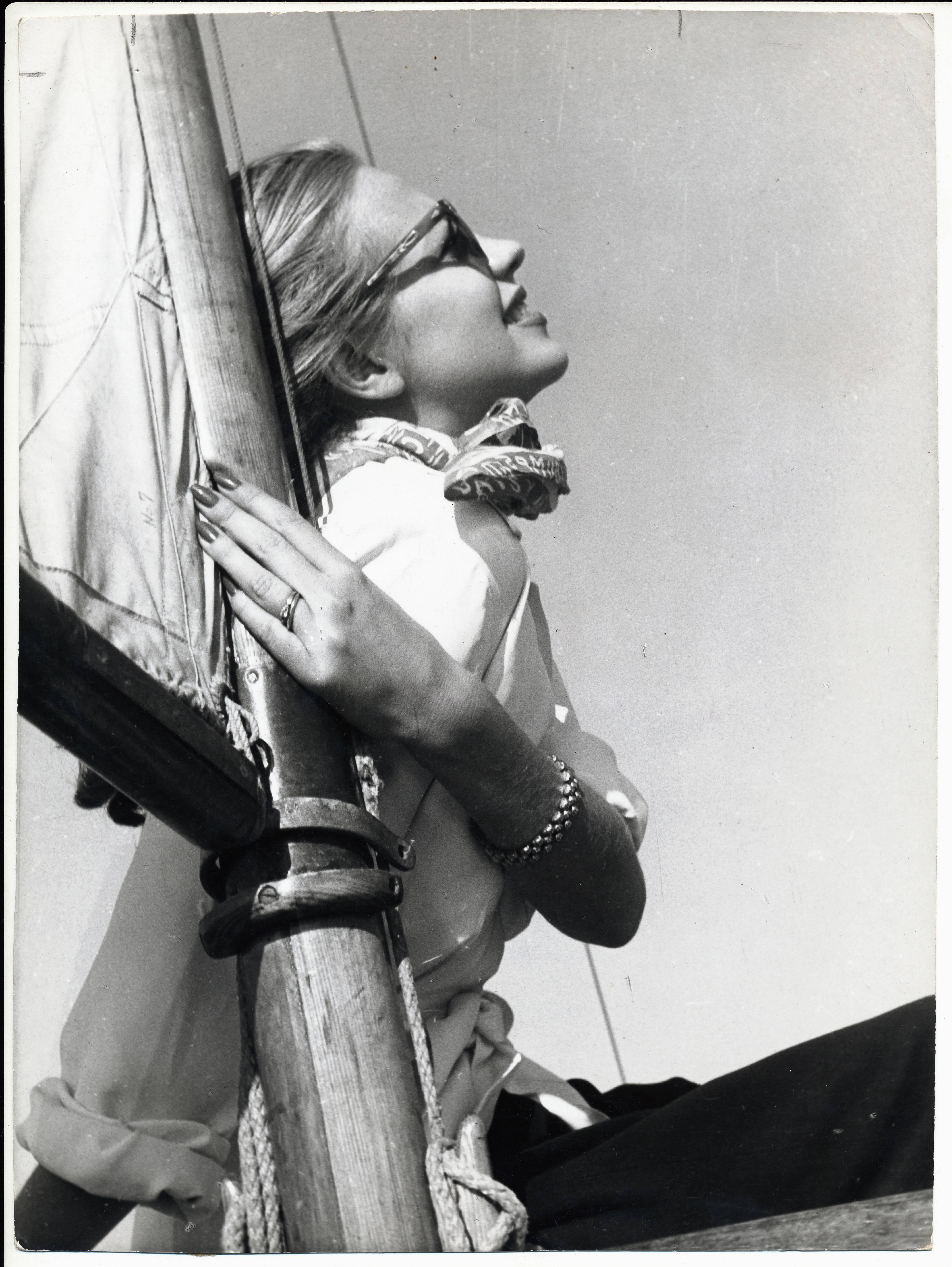 Alfred Maria Schwarzer Black and White Photograph - Portrait of Hildegard Knef - Chilling in the sun on a sailing boat