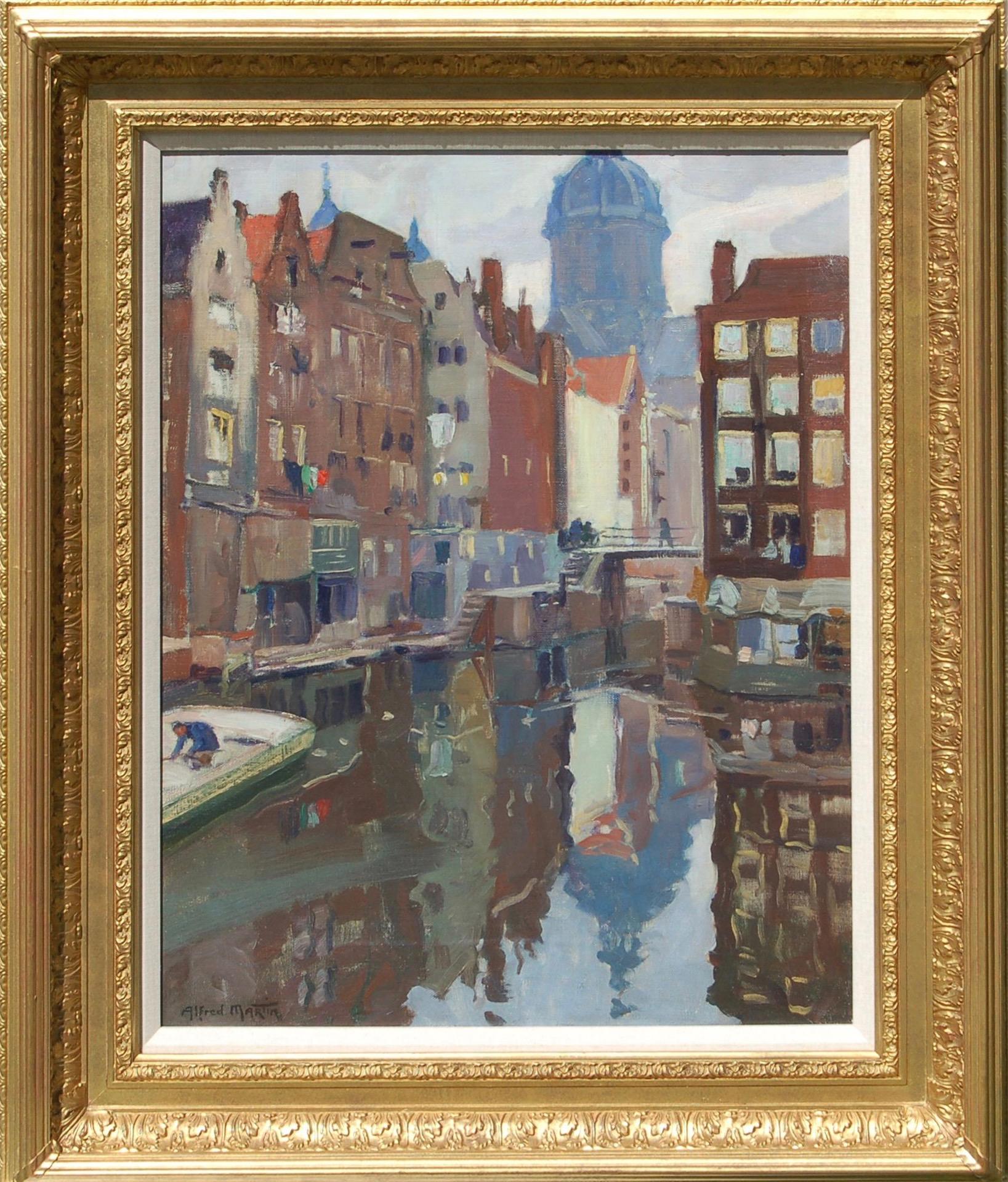Alfred Martin Figurative Painting - Early 20th century Impressionist view of Amsterdam, canals, a church and barges