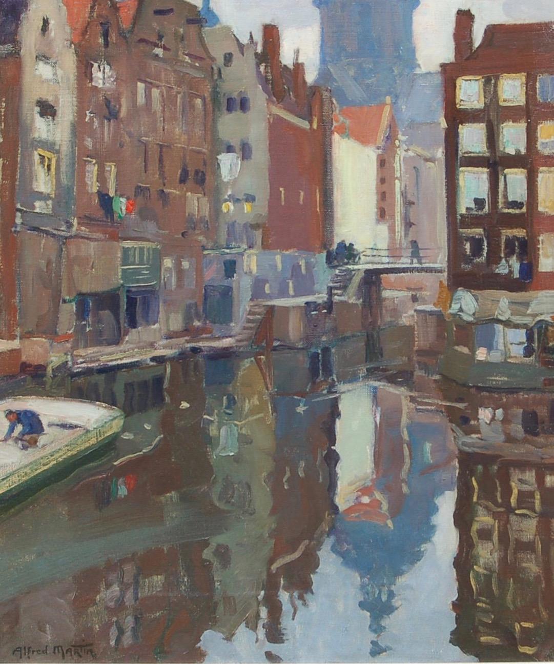 Early 20th century Impressionist view of Amsterdam, canals, a church and barges - Painting by Alfred Martin
