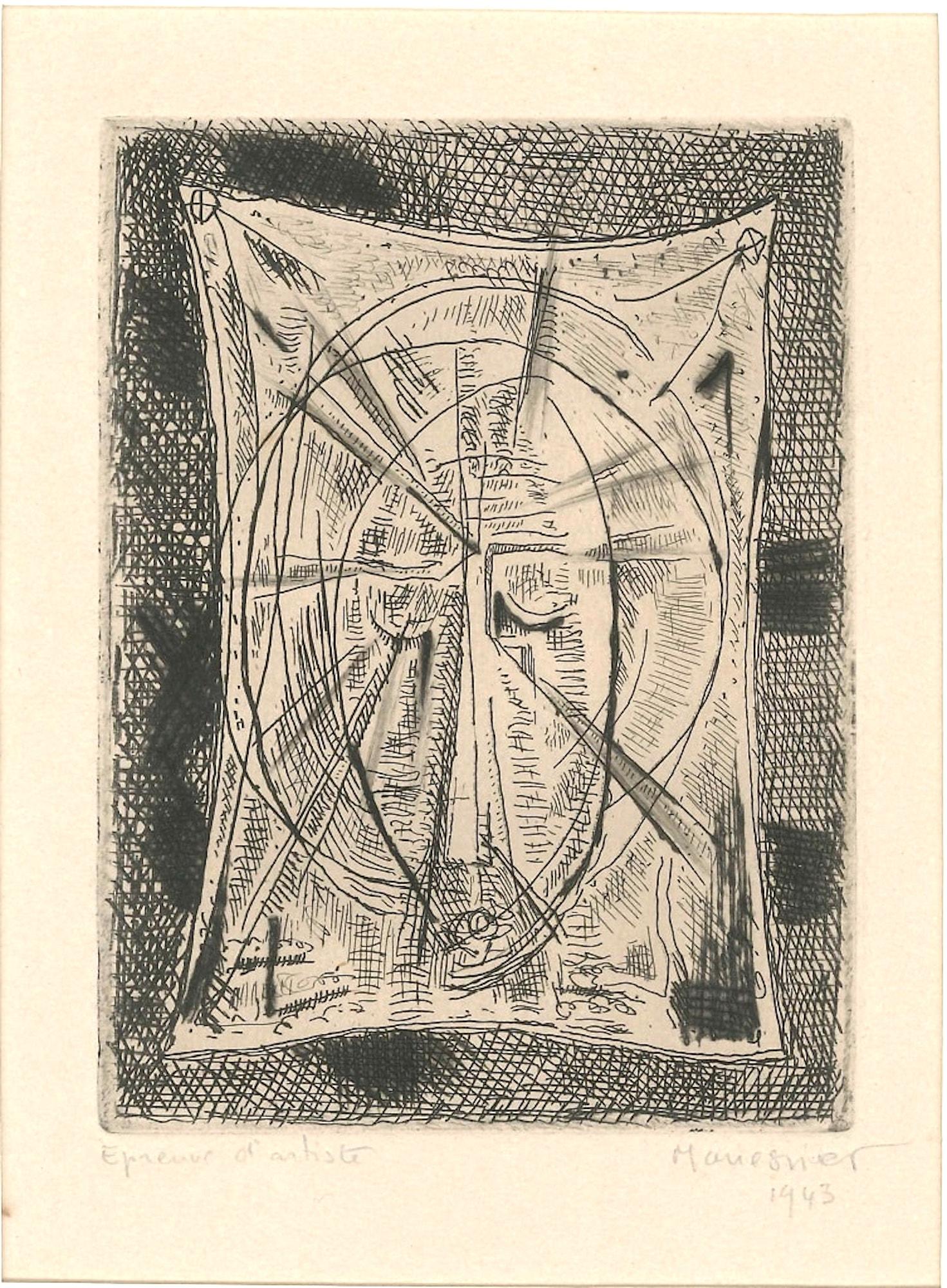 Alfred Meissner Abstract Print - Sacred Composition - Original Etching by Alfred Manessier - 1943