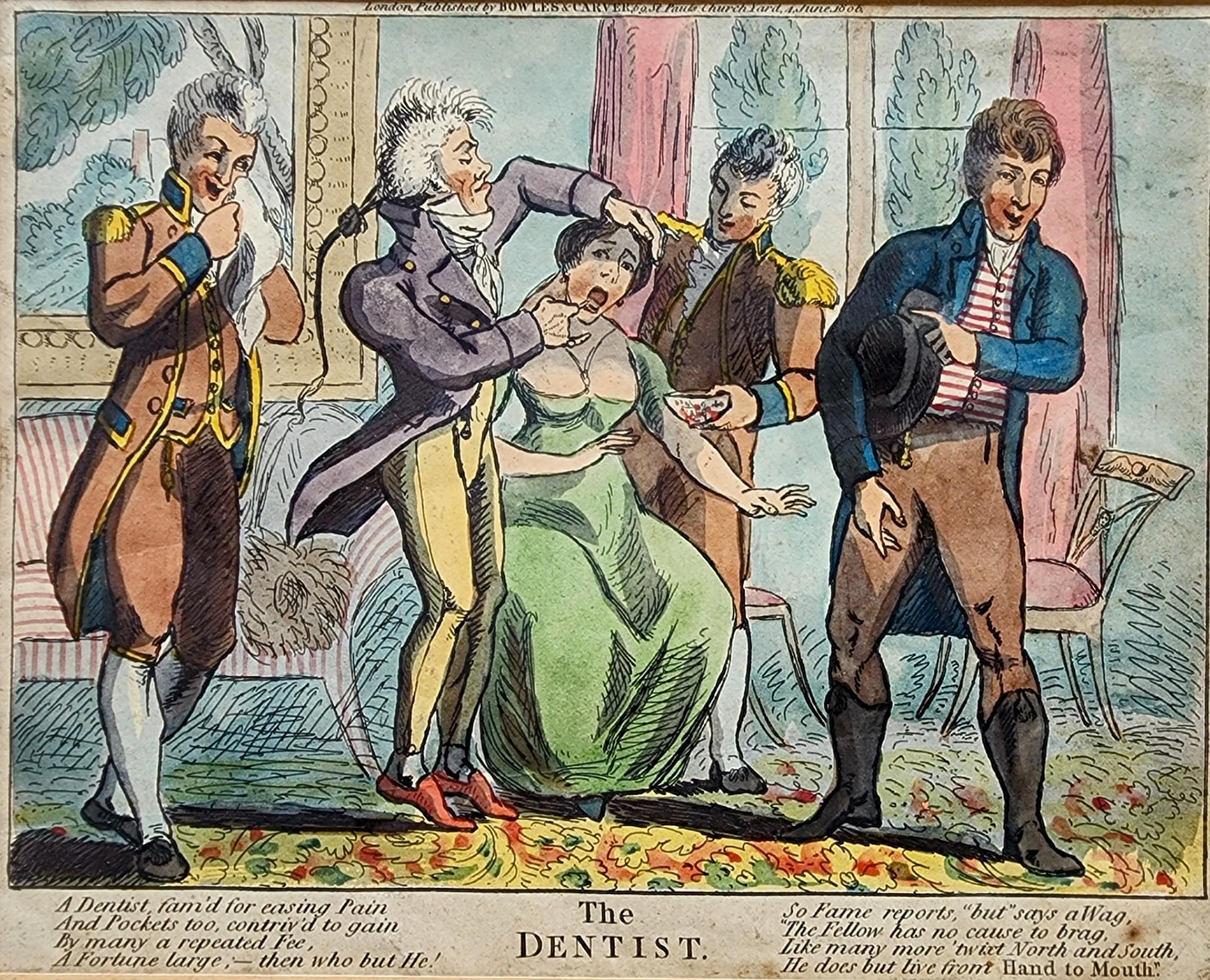 Print de Alfred Mills - El Dentista, 1806, Grabado, Caricatura satírica británica, Dental, Inglés