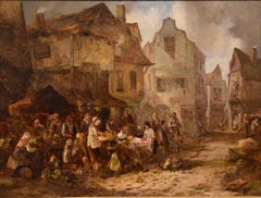 Pittura a olio di Alfred Montague "Un'affollata scena di mercato
