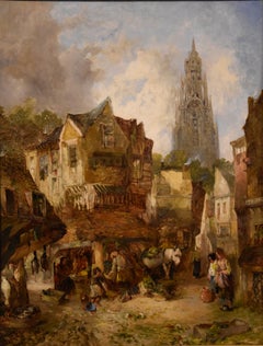 Pittura a olio di Alfred Montague "Un'affollata scena di mercato