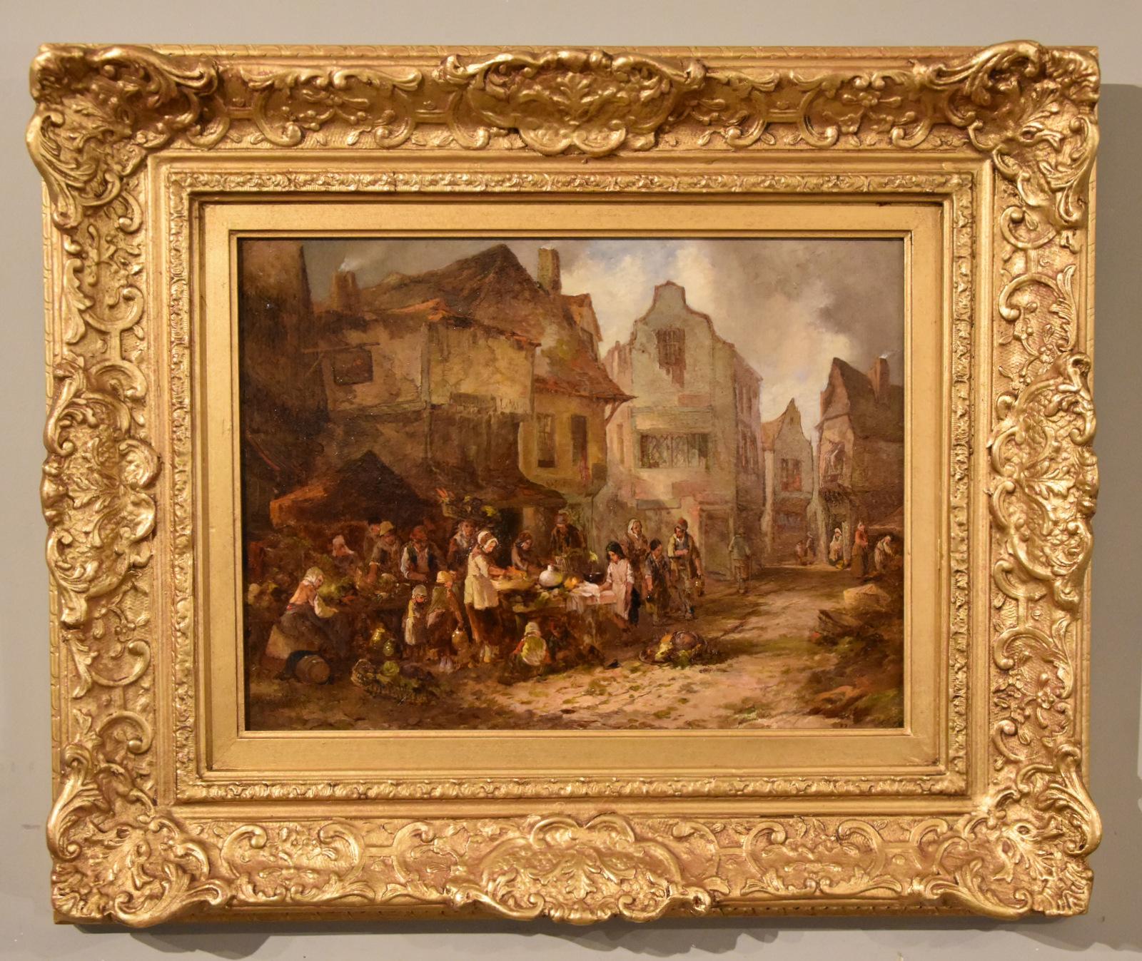 Ölgemälde von Alfred Montague "Eine geschäftige Marktszene"