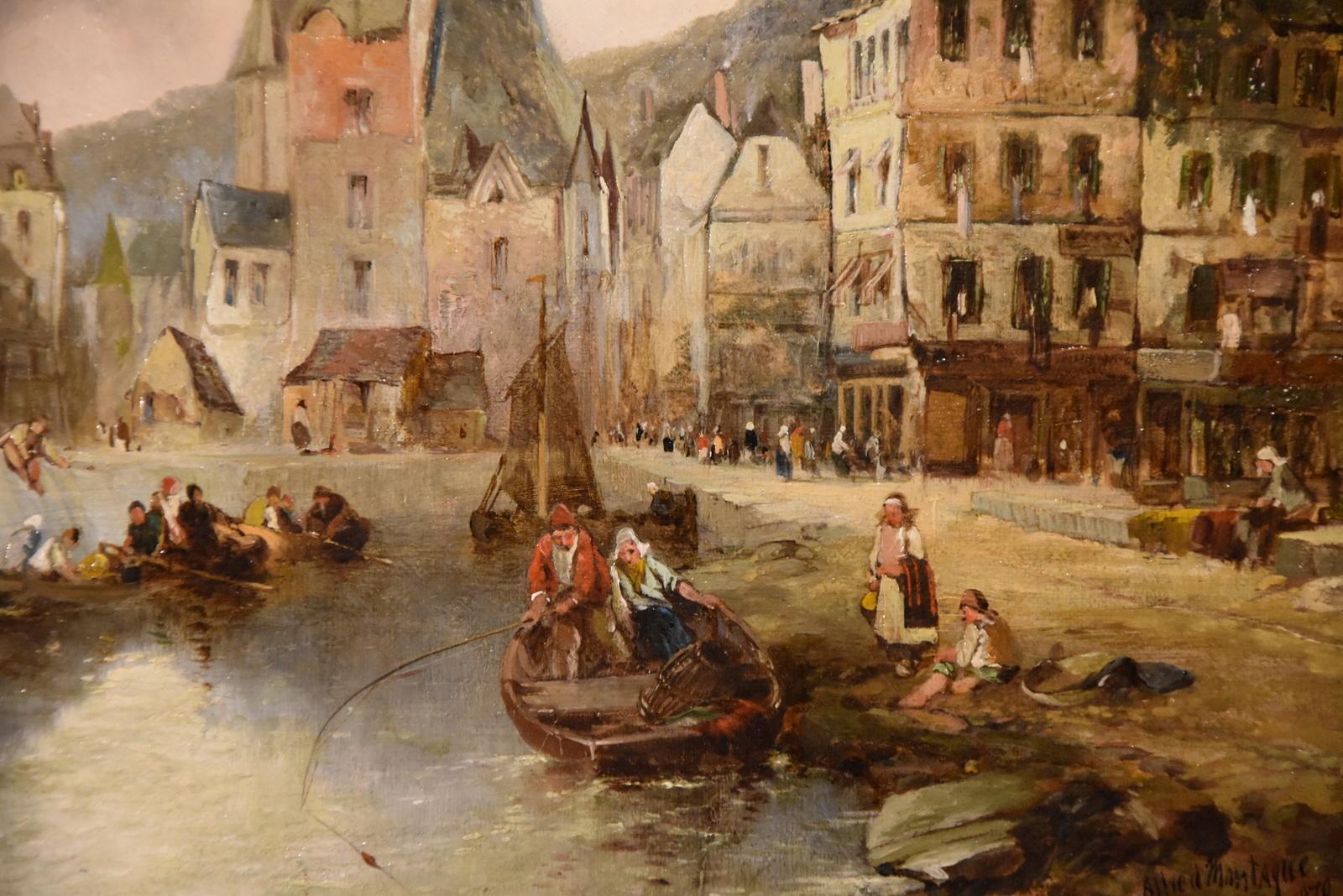 Peinture à l'huile d'Alfred Montague « L'entrée de l'Honfleur depuis l'eau ».  1