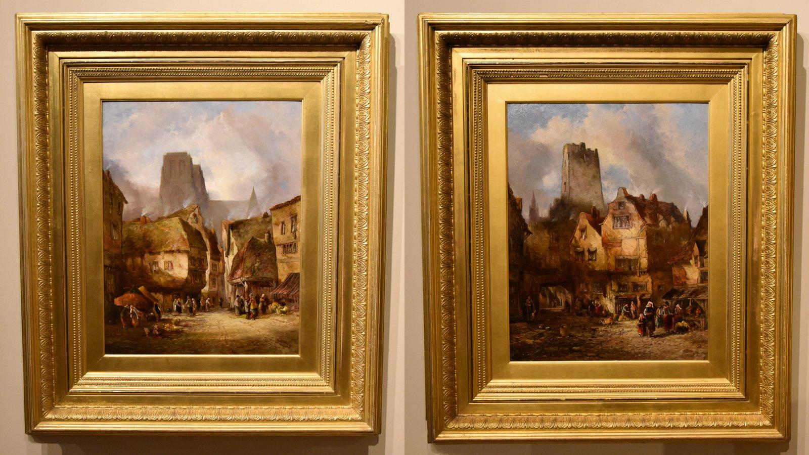 Oil Painting Pair by Alfred Montague "Near St.Lo" "Abberville" exhibited 1832- 1883 Townscene and landscape painter, prolific exhibitor and member of the Royal Society. Both oil on board. Signed and dated 1881. In original frames.

Dimensions