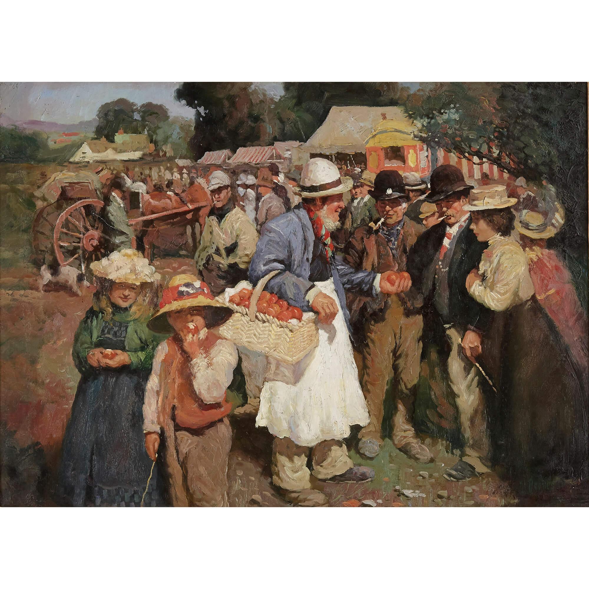 Oil painting of a Whitsuntide fair after Munnings - Painting by Alfred Munnings