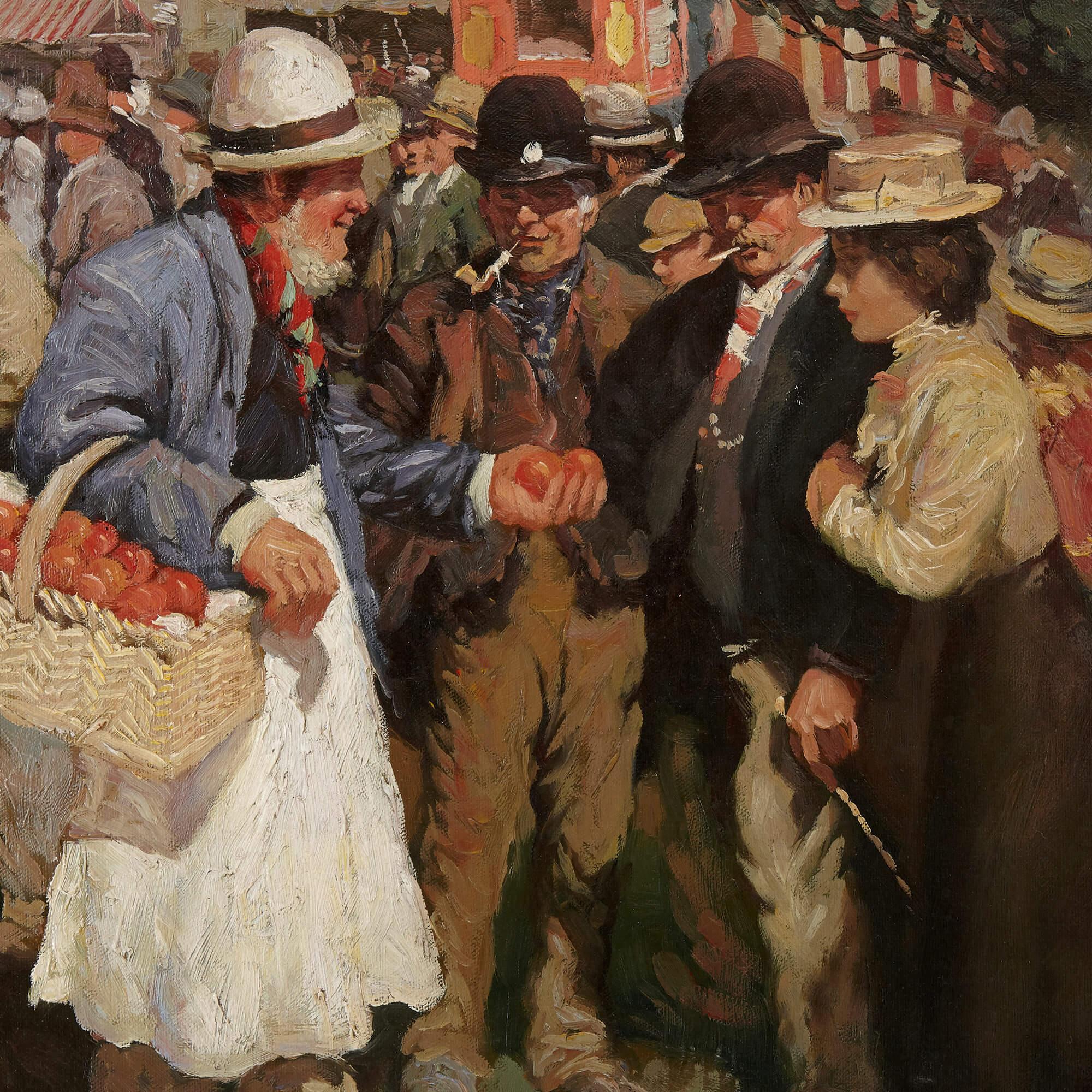 Ölgemälde eines Pfingstmarktes nach Munnings (Braun), Landscape Painting, von Alfred Munnings
