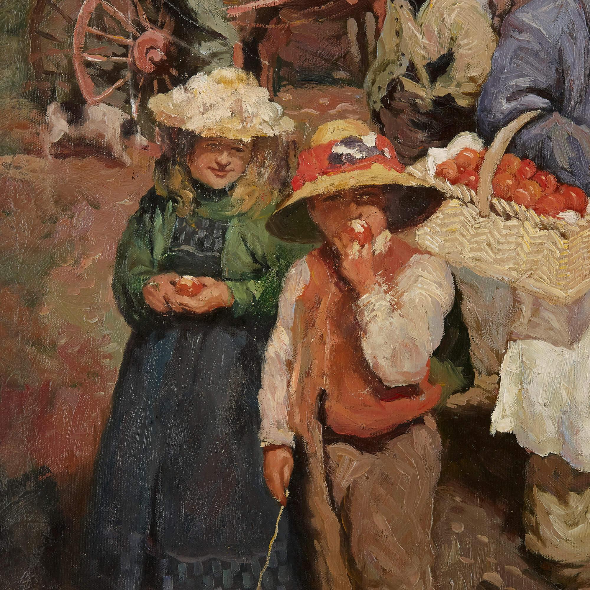 Óleo de una feria de Pentecostés según Munnings
Inglés, principios del siglo XX
Armazón: Altura 78 cm, anchura 96 cm, profundidad 5,5 cm
Lienzo: Alto 50 cm, ancho 70 cm, profundidad 2 cm

Este bello óleo es un calco del original de Sir Alfred