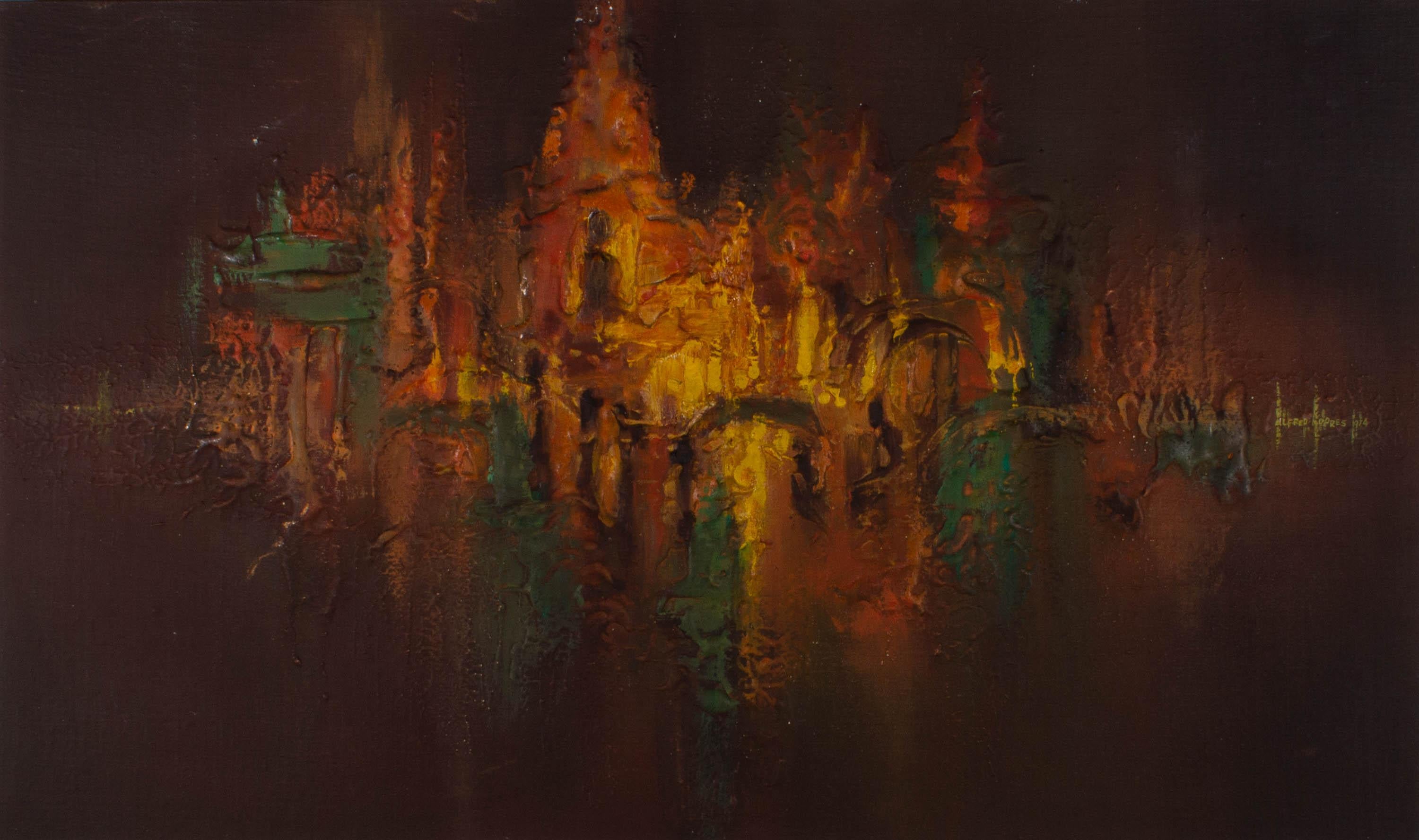 Alfred Nixon Moores (1914-2000) - 1974 Oil, Burmese Festive Illuminations 1