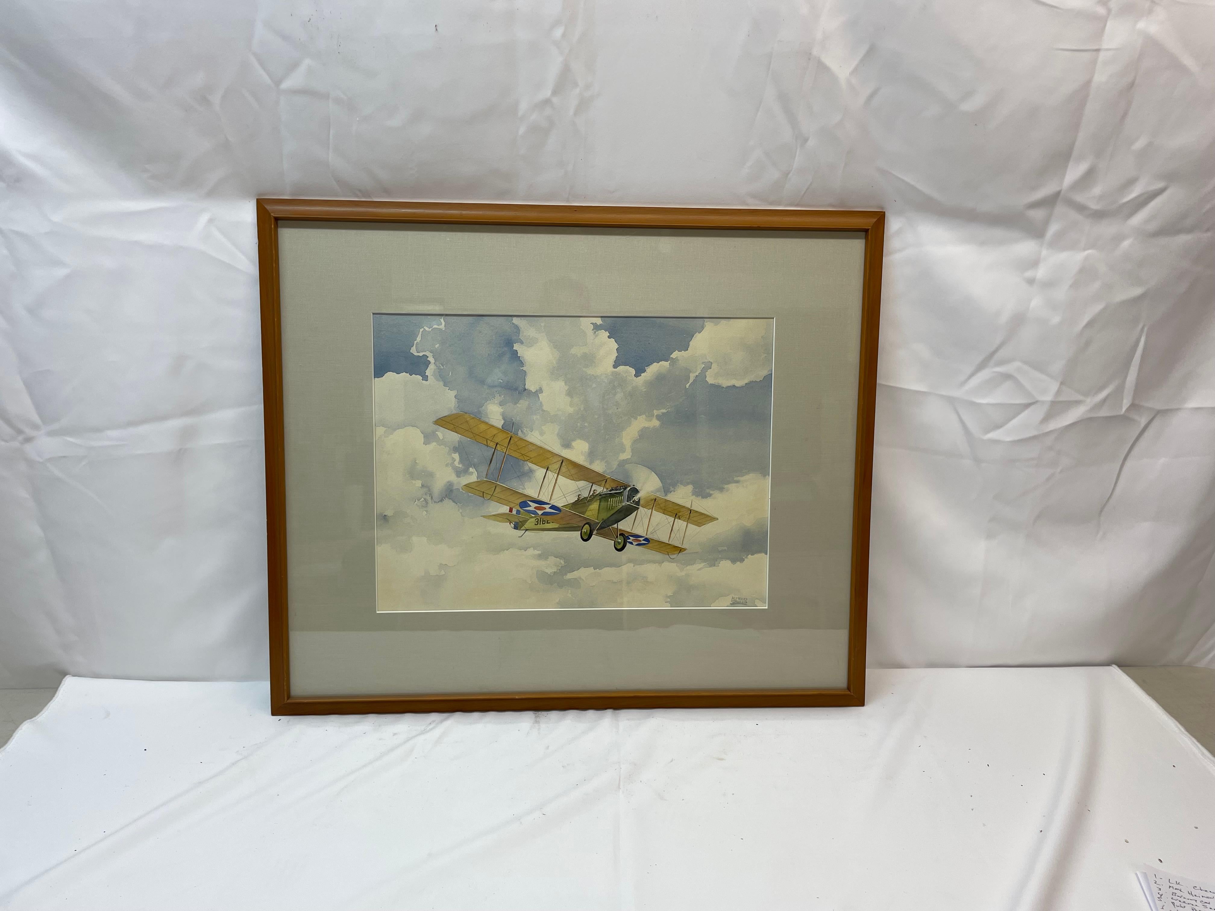 Alfred Owles Figurative Art - Vintage Bi-Plane Watercolor 