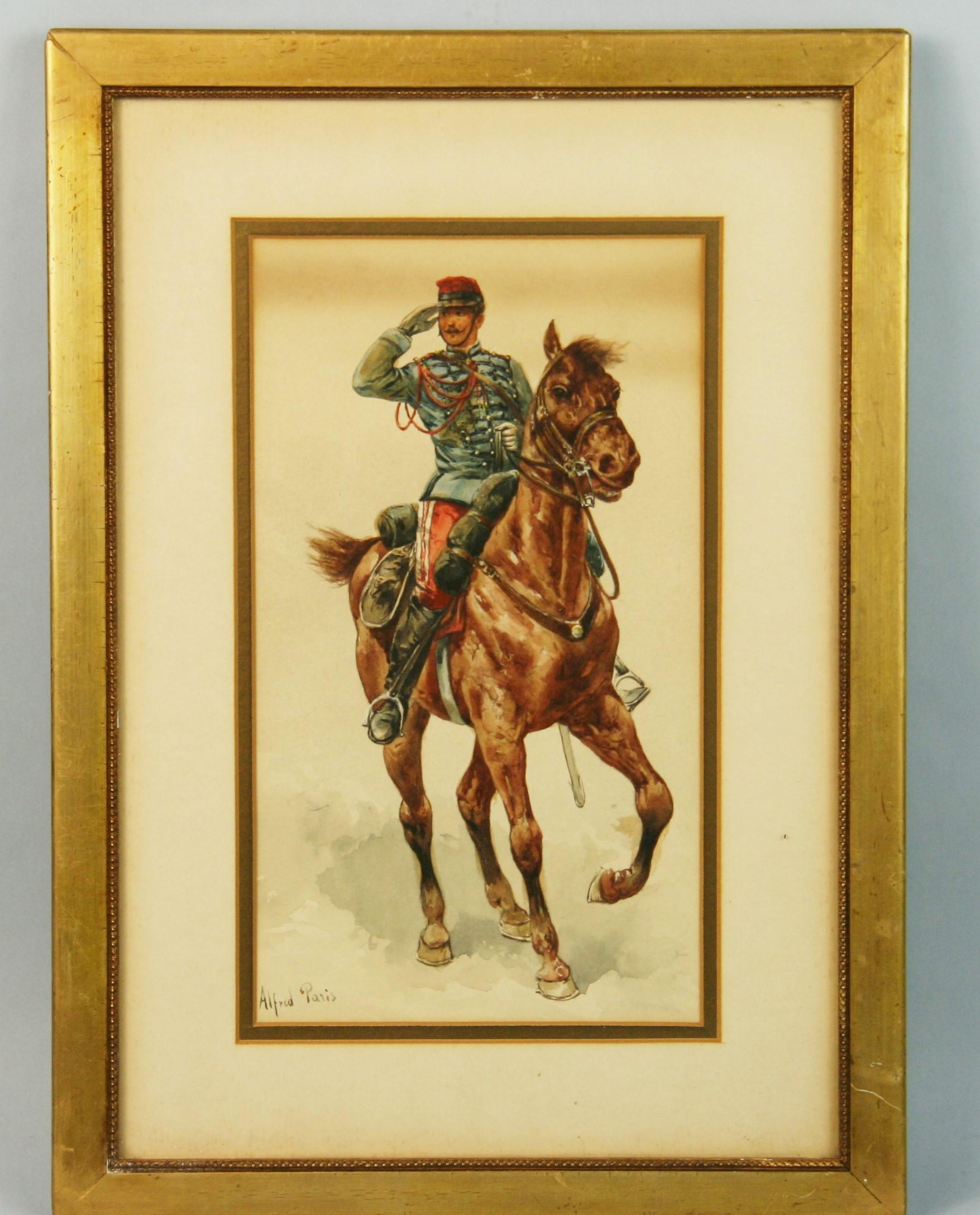 Alfred Paris Animal Painting - Antique French Equestrian Gouache Painting  Calvary Soldier  1910