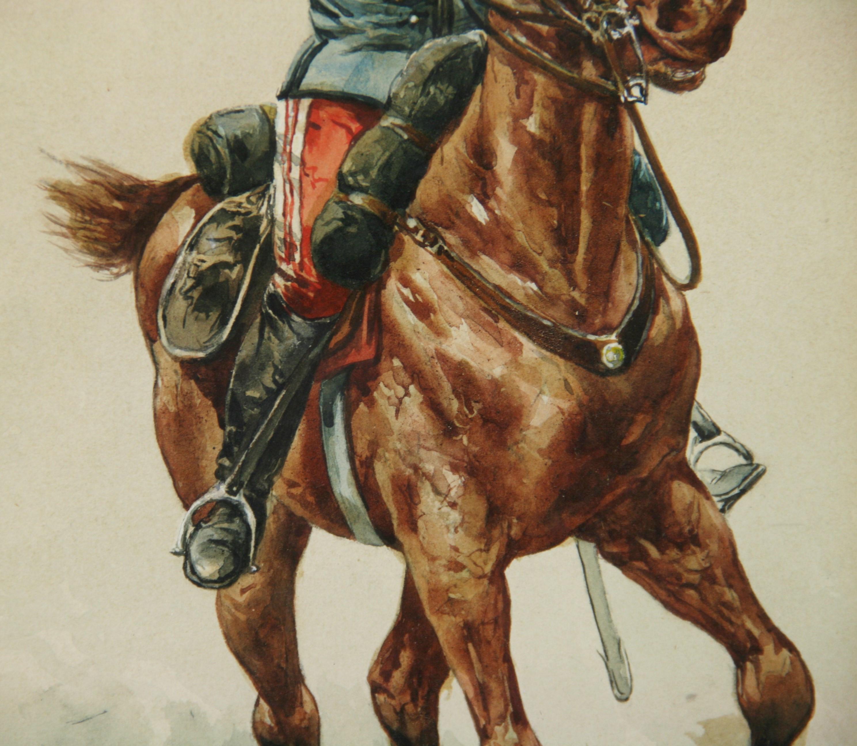 Antique French Equestrian Gouache Painting  Calvary Soldier  1910 - Beige Animal Painting by Alfred Paris