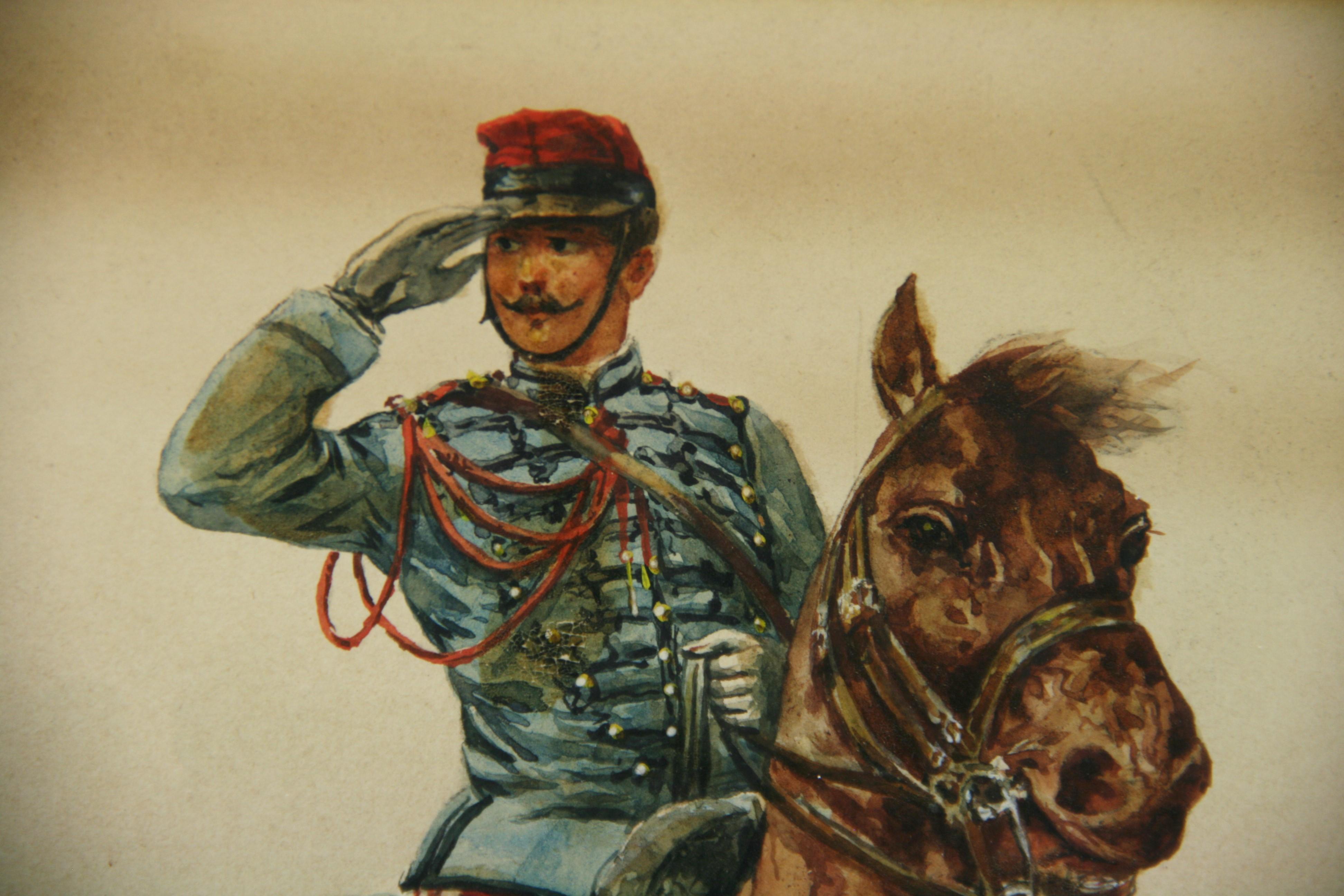 Antique French Equestrian Gouache Painting  Calvary Soldier  1910 1