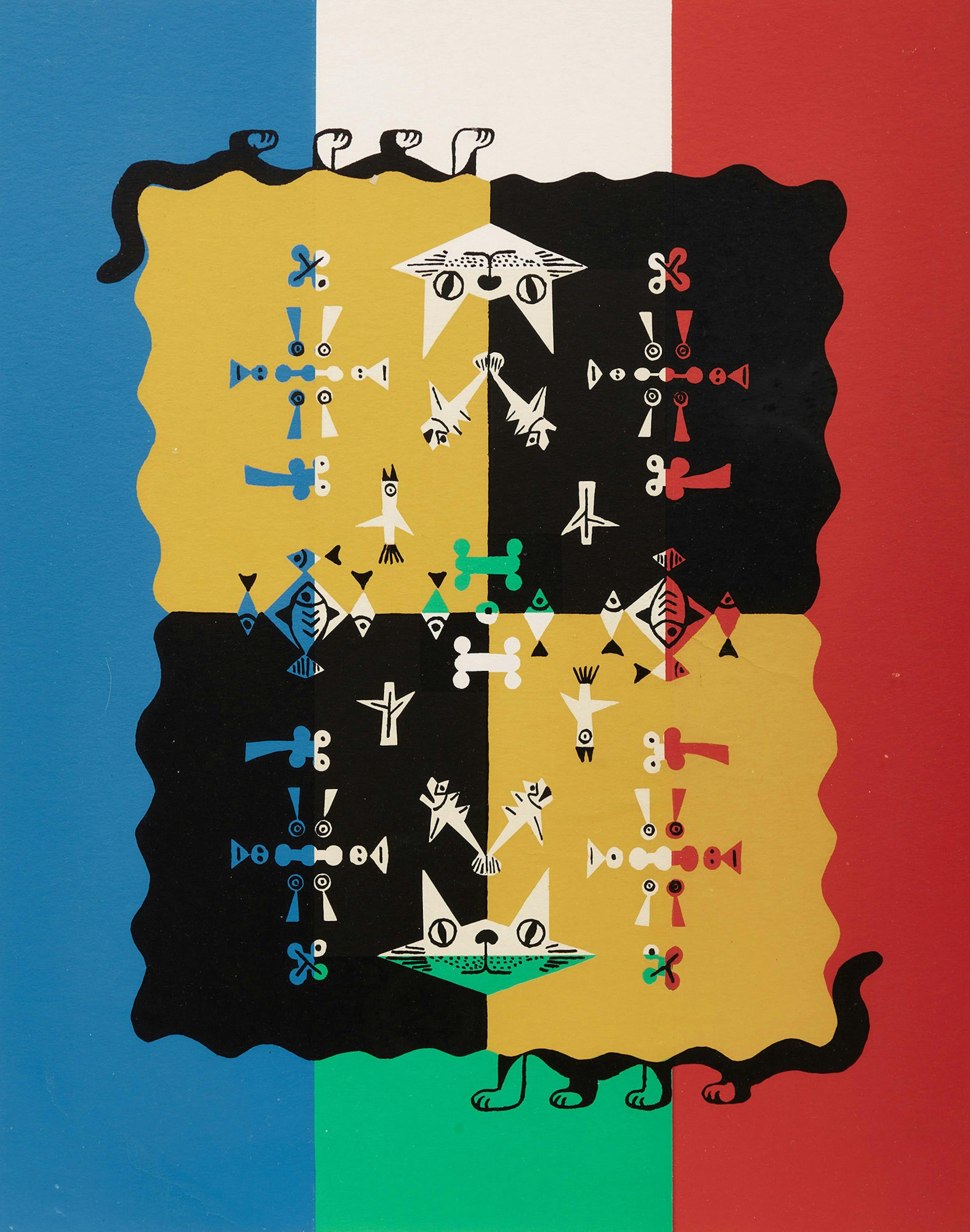 Abstract Print de Alfred Pellan - Gatos y peces