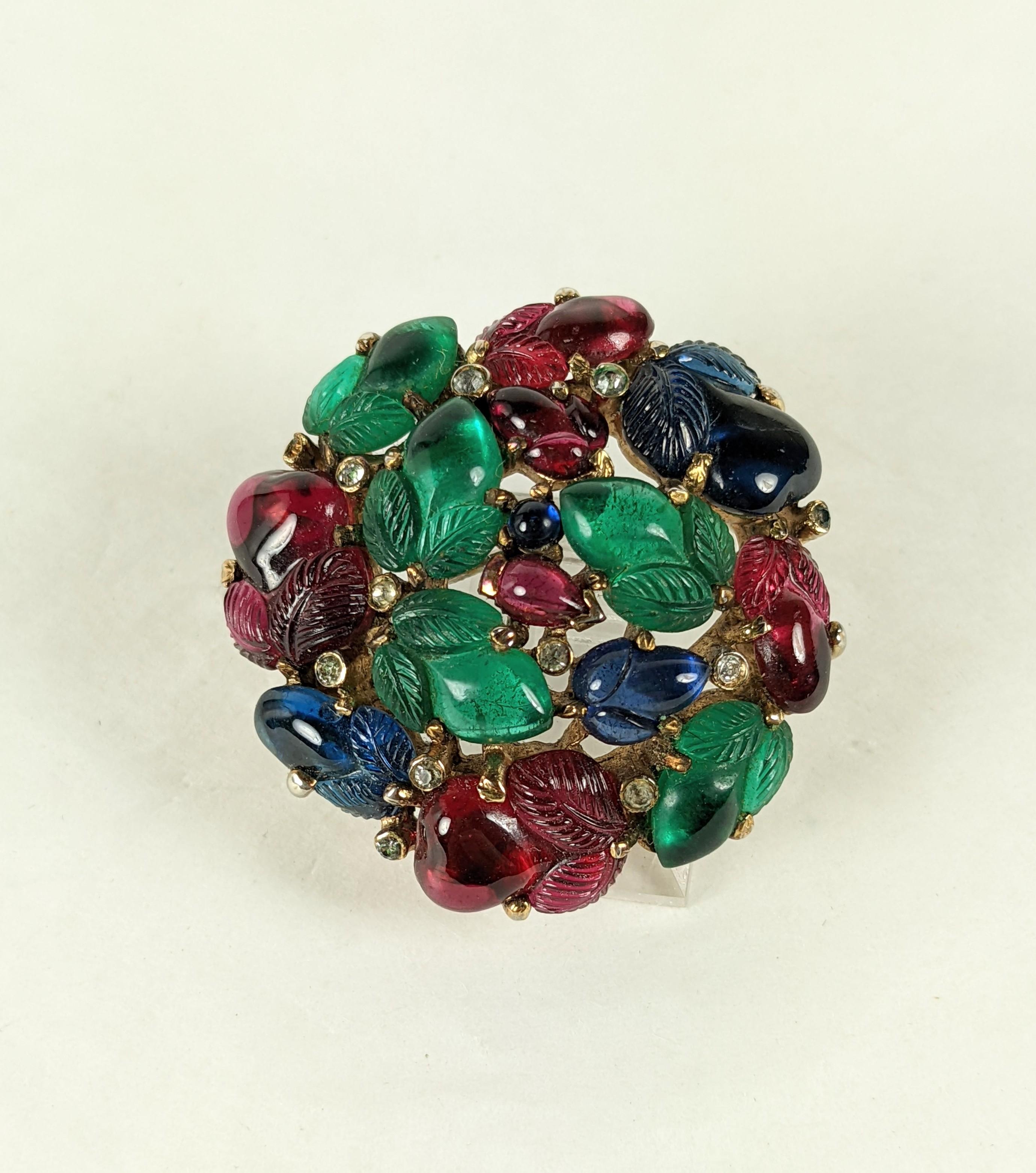 Alfred Philippe for Trifari Fragonard tricolor fruit salad round domed brooch. Of gold plated base metal with crystal rhinestones, faux ruby, emerald and sapphire fruit salad stones.  
Patent designer A Philippe, filed Feb, granted May 1948, patent