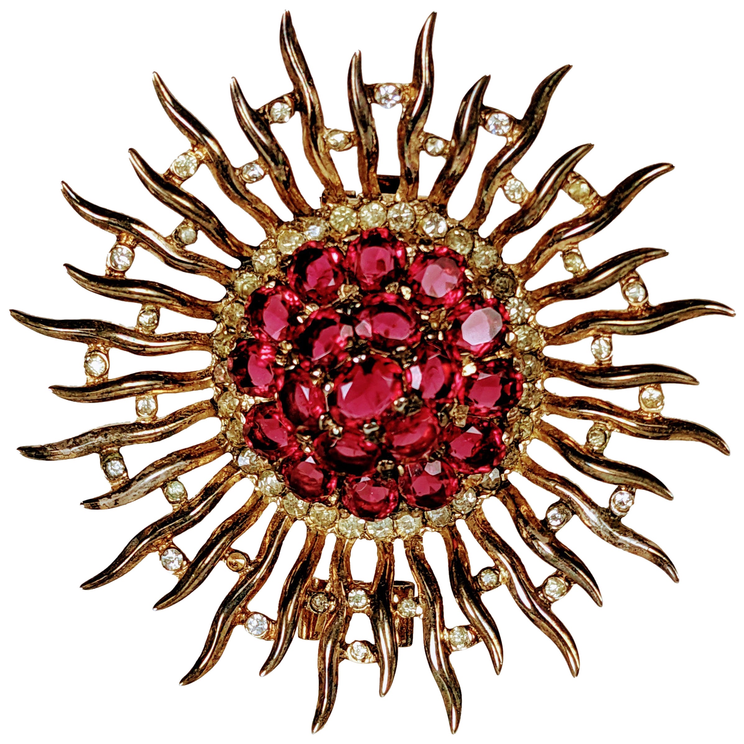 Alfred Philippe pour Trifari, grande broche rétro en rubis Sunburst Clip
