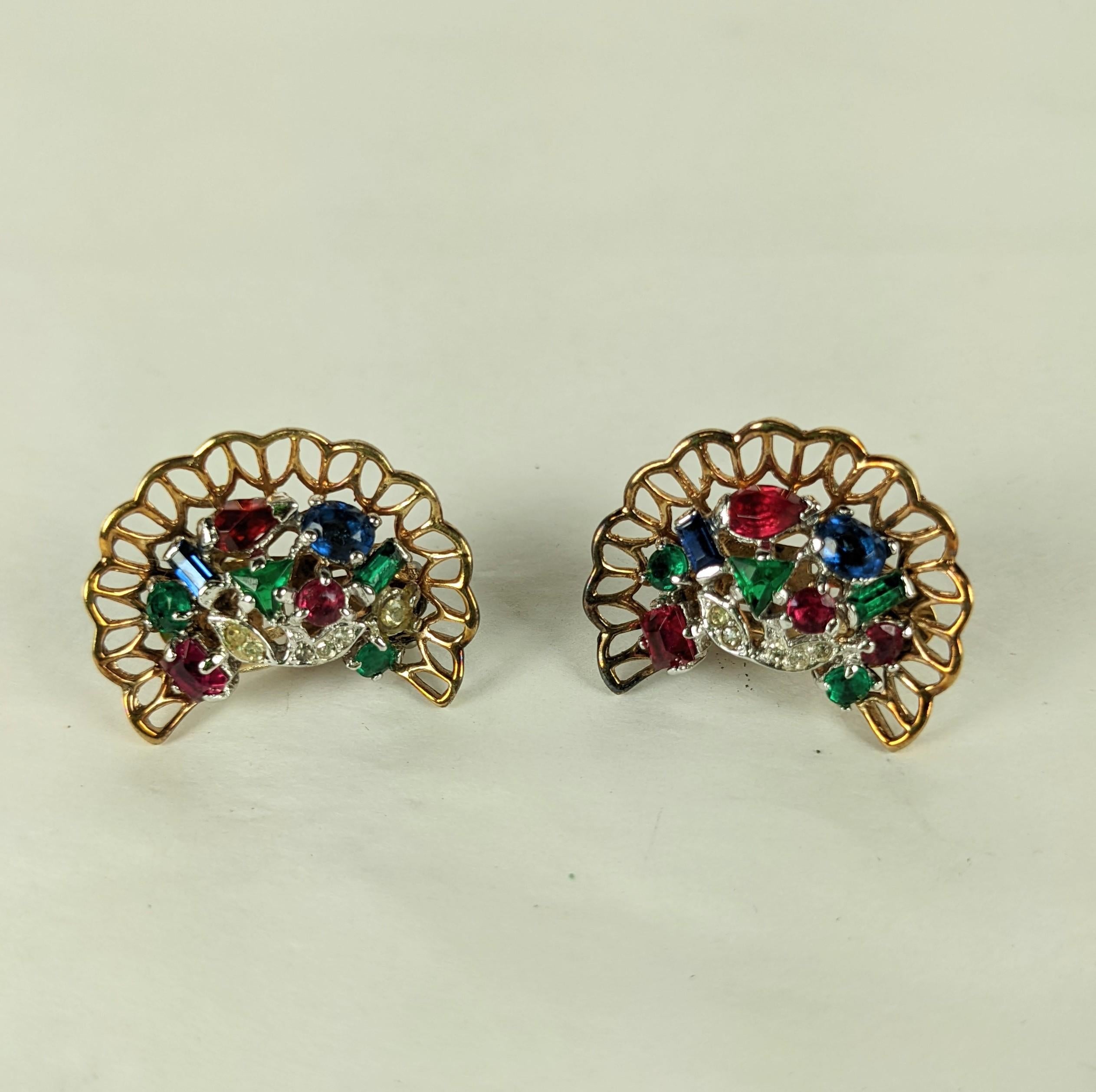 Alfred Philippe for Trifari Riviera Tricolor Lace Edge Half Moon Earclips In Good Condition For Sale In New York, NY
