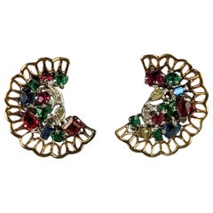 Alfred Philippe for Trifari Riviera Tricolor Lace Edge Half Moon Earclips