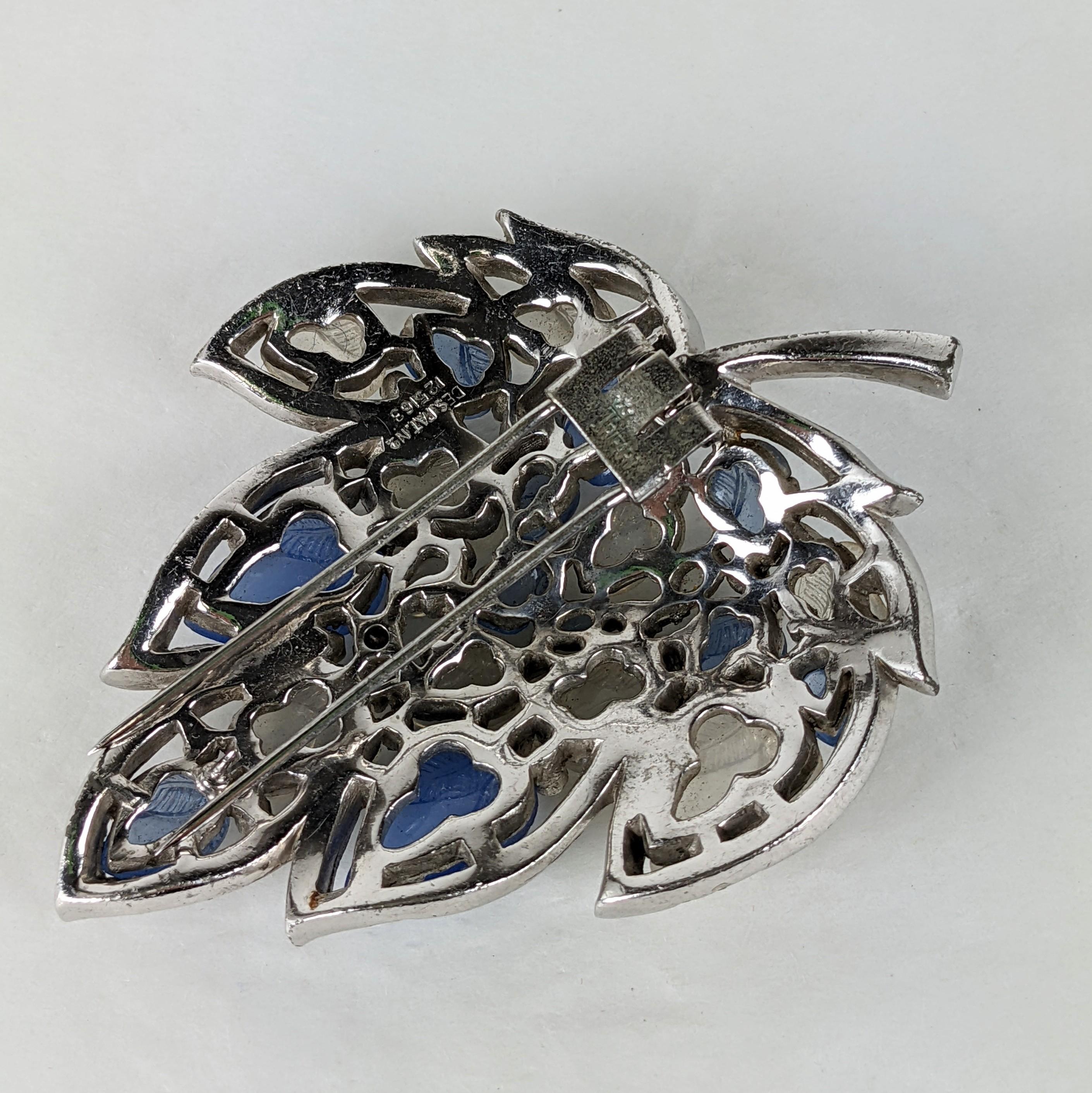 Rare, collectible large Alfred Philippe for Trifari 1941, fruit salad leaf clip brooch. Rhodium plate base metal, crystal rhinestones and tapered crystal baguettes. Opal and blue chalcedony engraved and carved glass fruit salad shaped stones. Clip