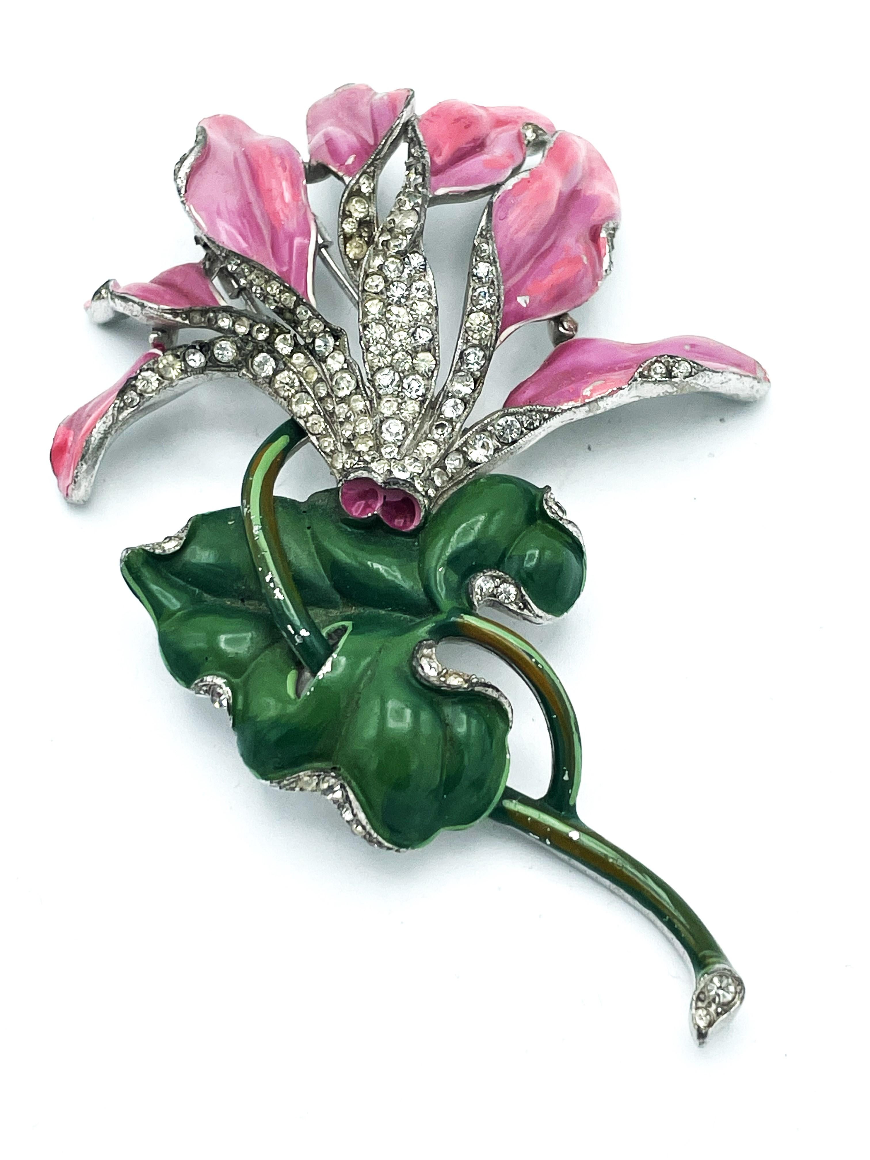 Alfred Philippe Trifari pink Cylame flower pin, pave and enamel, 1940's USA For Sale 11