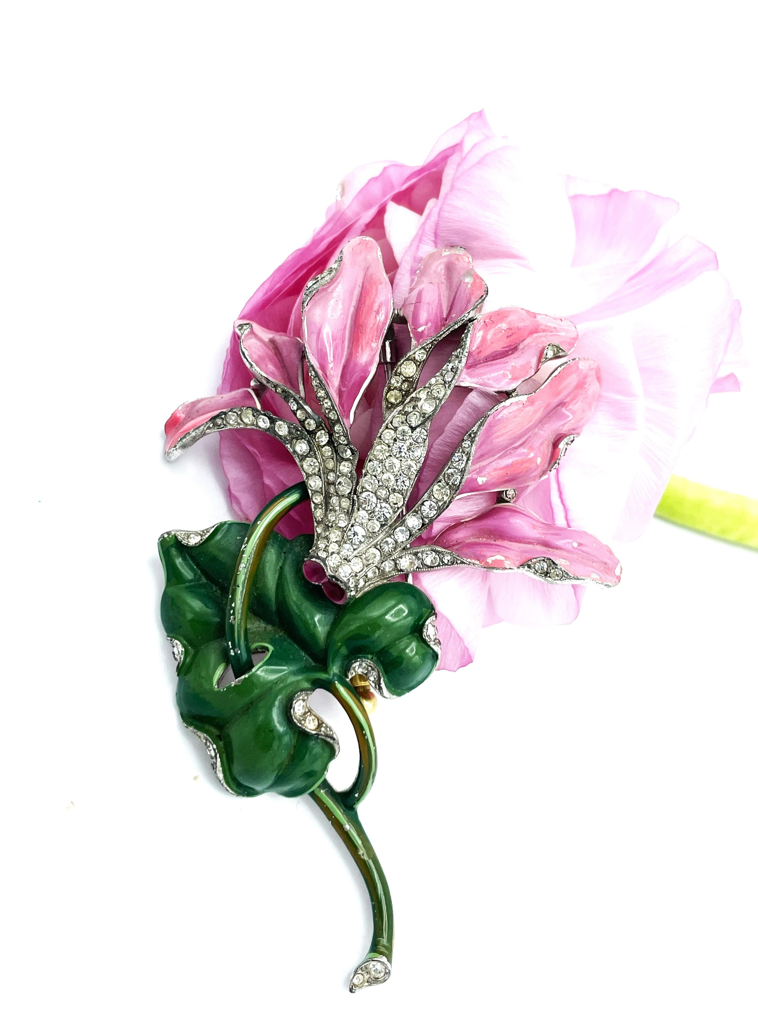 Alfred Philippe Trifari pink Cylame flower pin, pave and enamel, 1940's USA For Sale 1