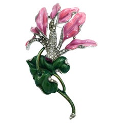 Vintage Alfred Philippe Trifari pink Cylame flower pin, pave and enamel, 1940's USA