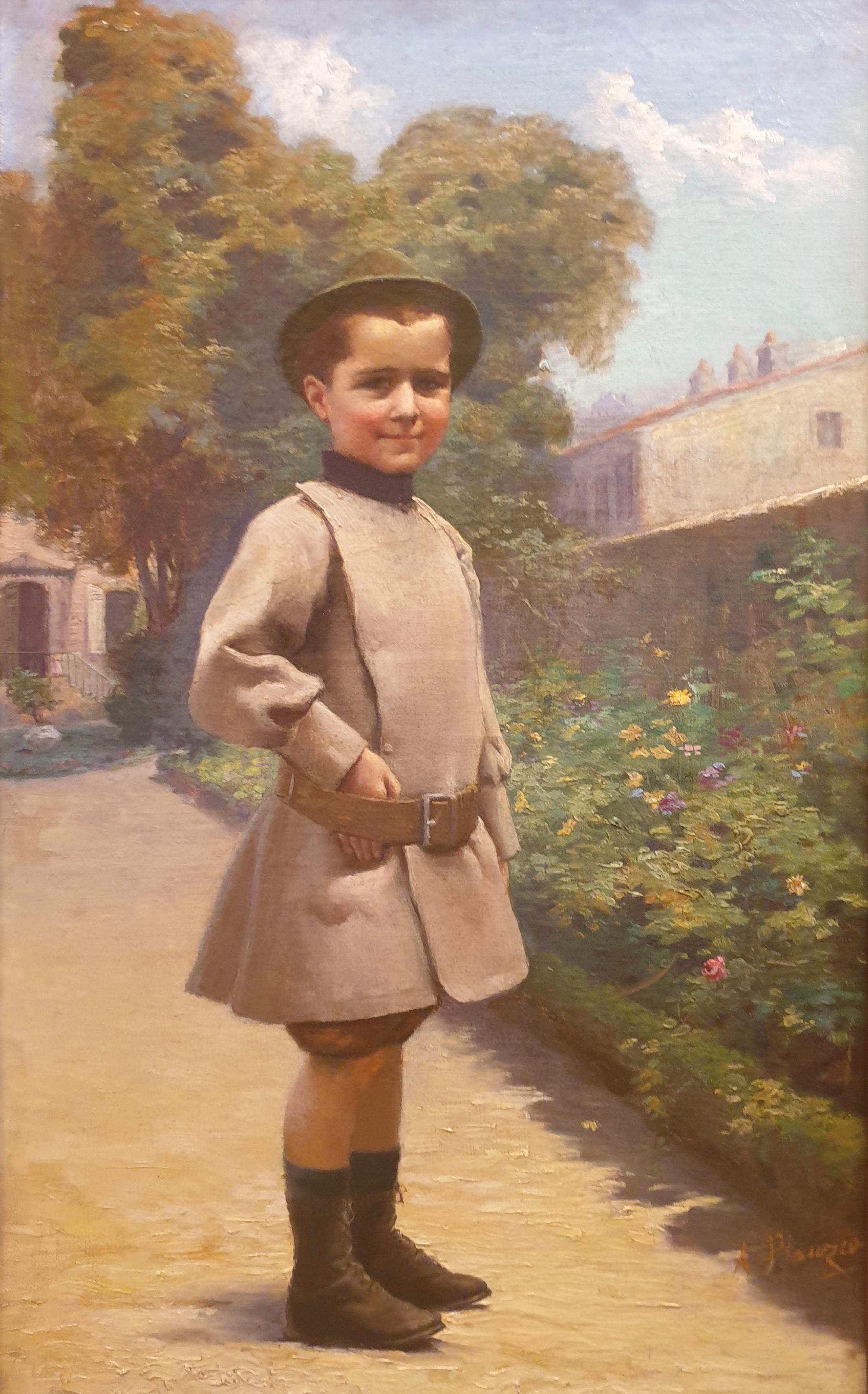 PLAUZEAU Painting Oil canvas French Academic Portrait of boy Early 20th century - Brown Portrait Painting by Alfred PLAUZEAU