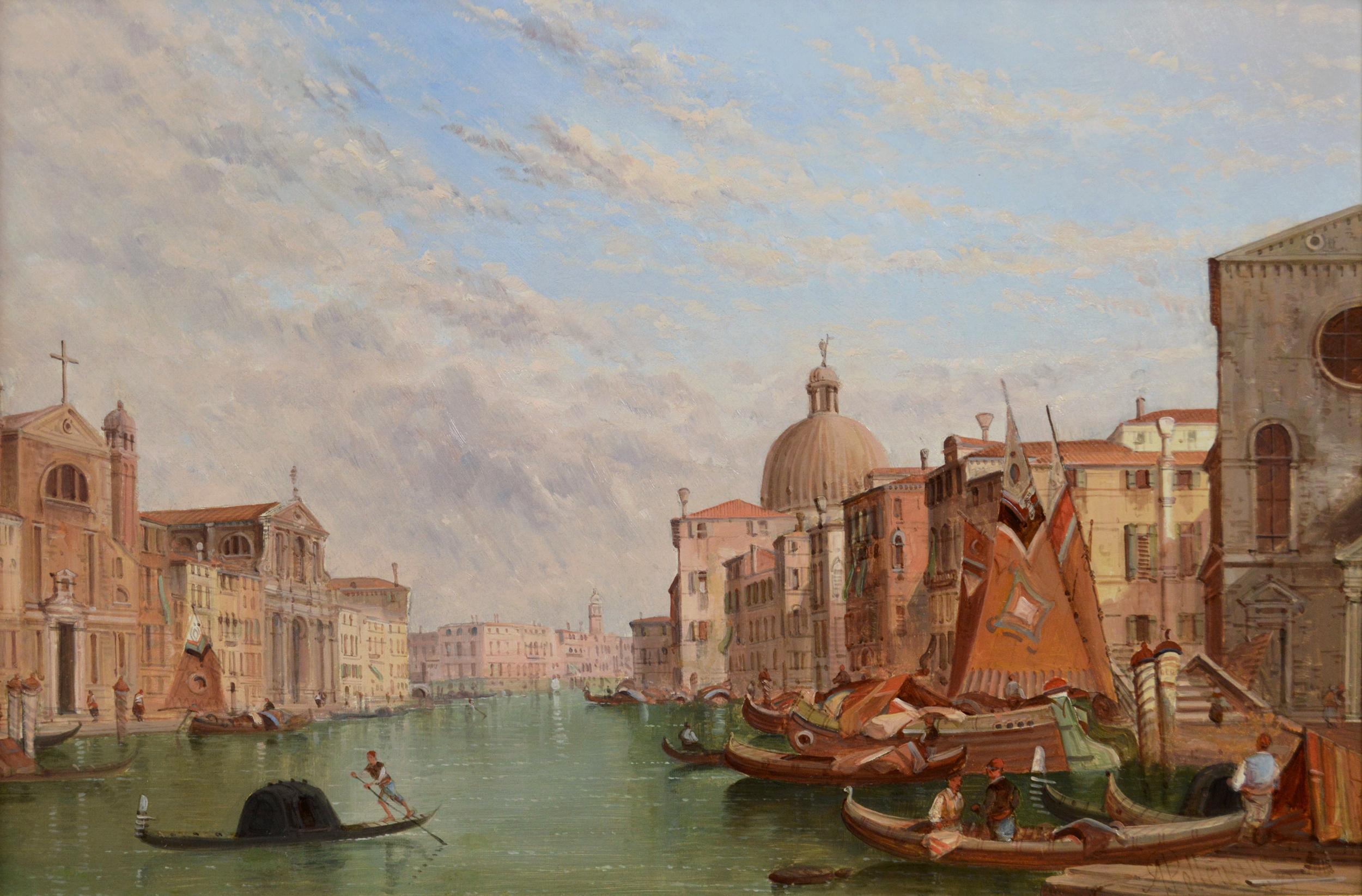 19th Century oil painting of the Cannaregio Canal from Santa Croce, Venice  - Painting by Alfred Pollentine
