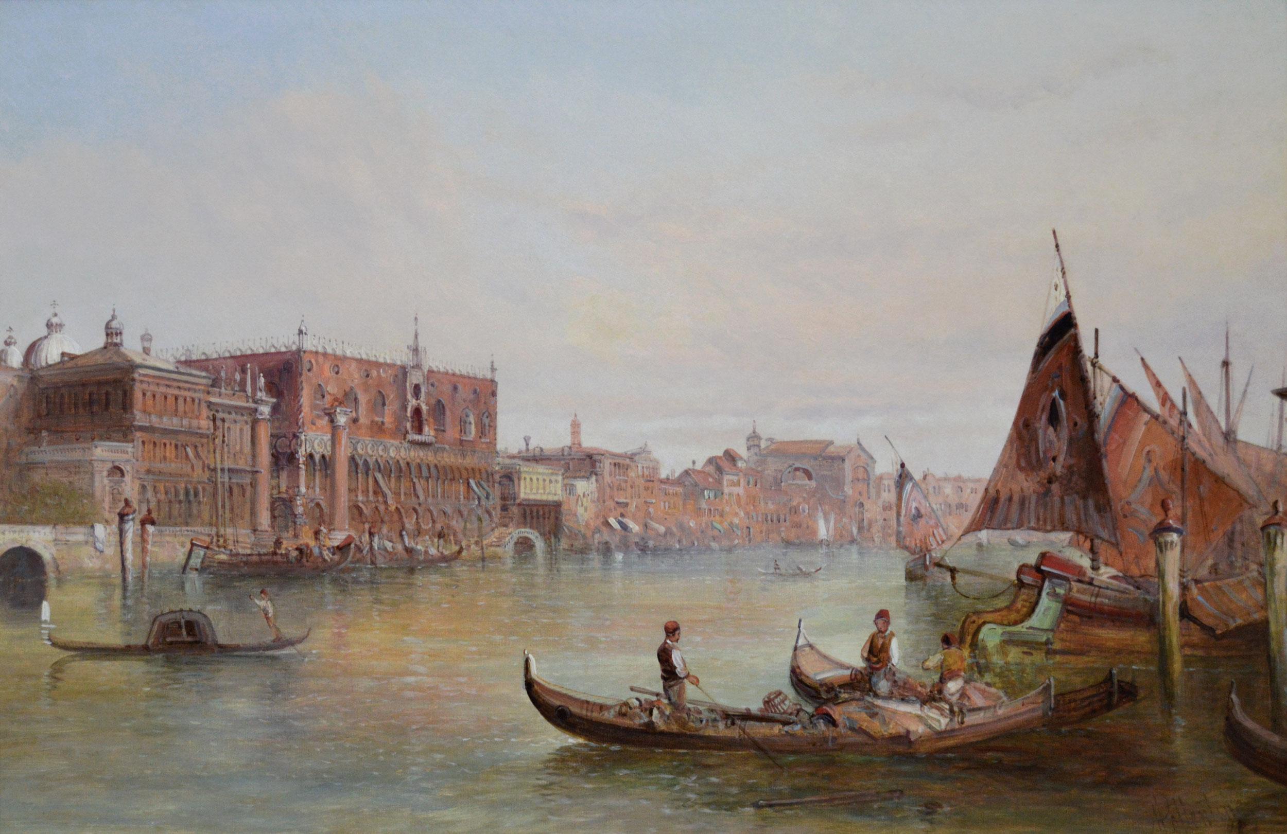 Óleo de paisaje urbano del siglo XIX del Palacio Ducal de Venecia - Painting de Alfred Pollentine