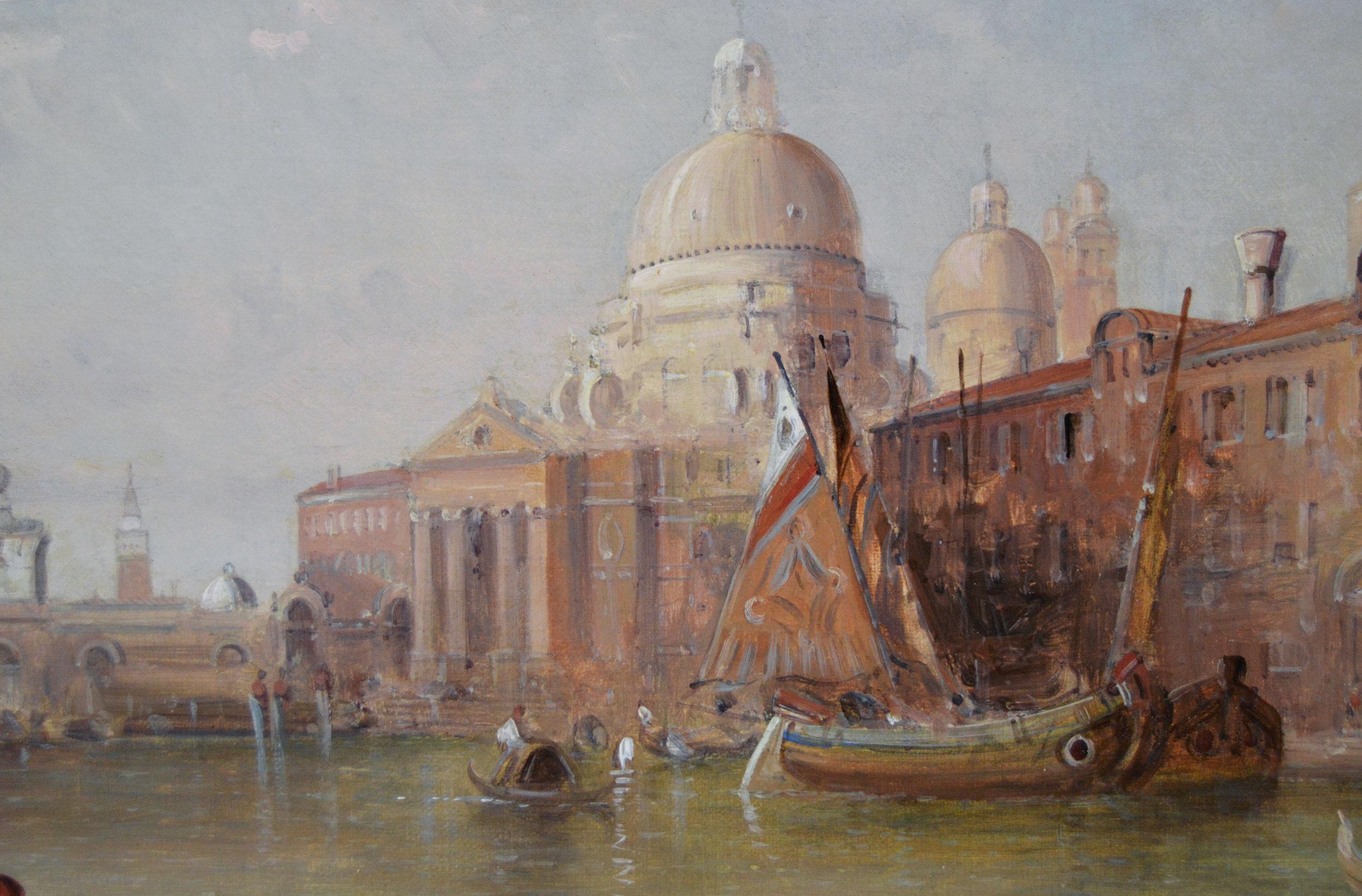 Óleo de paisaje urbano del siglo XIX de Santa Maria della Salute, Venecia - Landscape Painting Marrón de Alfred Pollentine
