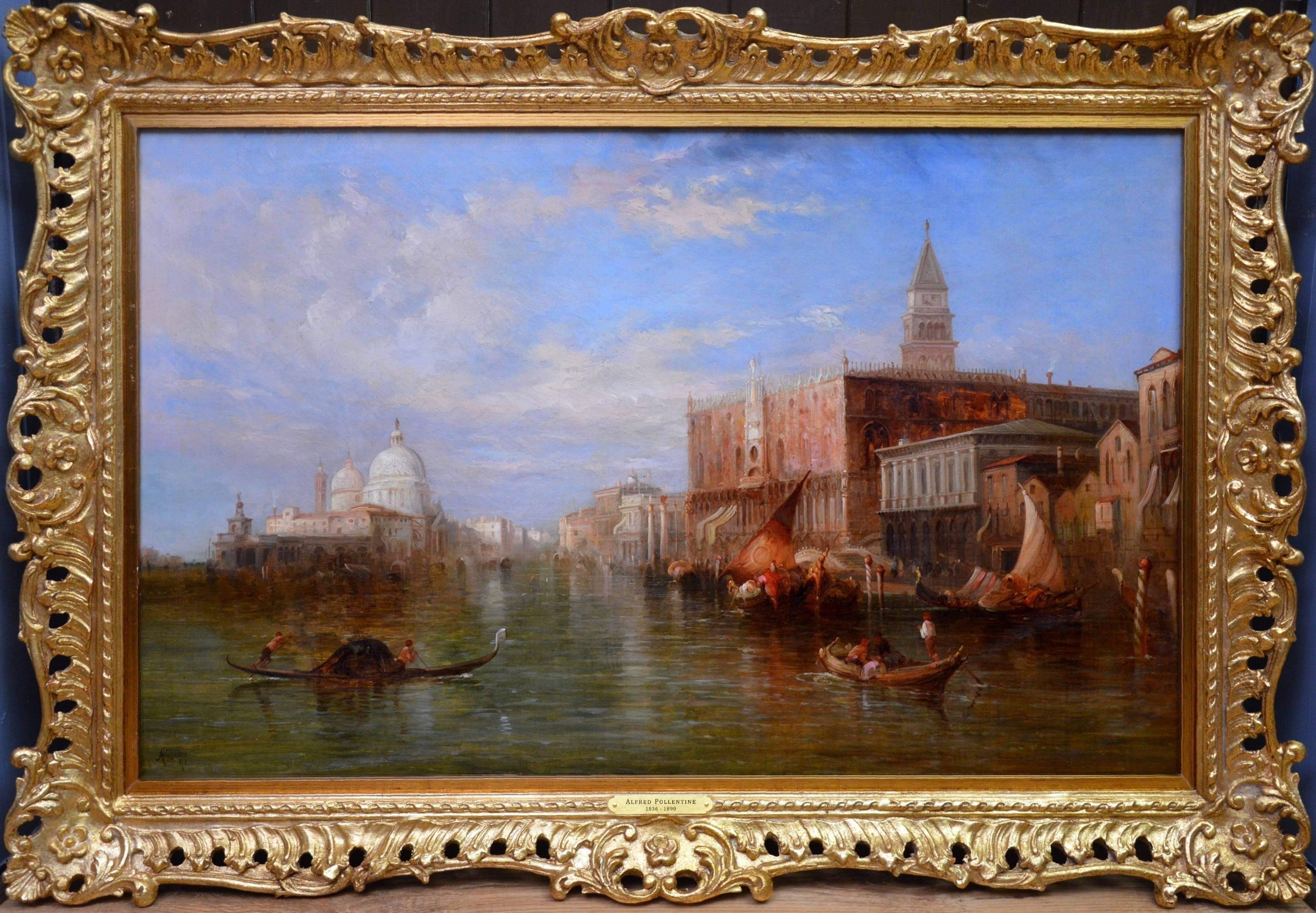 This is a large fine 19th century oil on canvas depicting a typically beautiful scene over ‘The Grand Canal, Venice’ towards the Ducal Palace, St. Mark’s Square and the Santa Maria della Salute by the eminent Victorian landscape artist Alfred