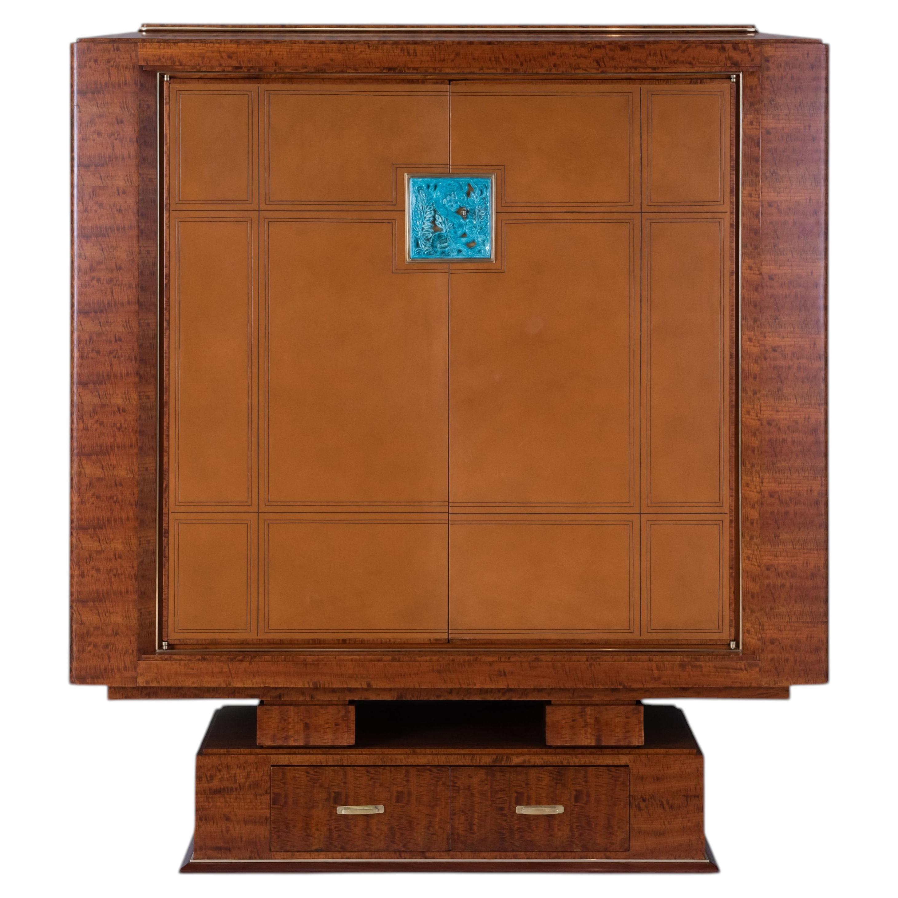 Alfred Porteneuve Cabinet in Burr Walnut and Leather
