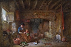 19th Century genre oil painting of a woman & child in a Welsh cottage