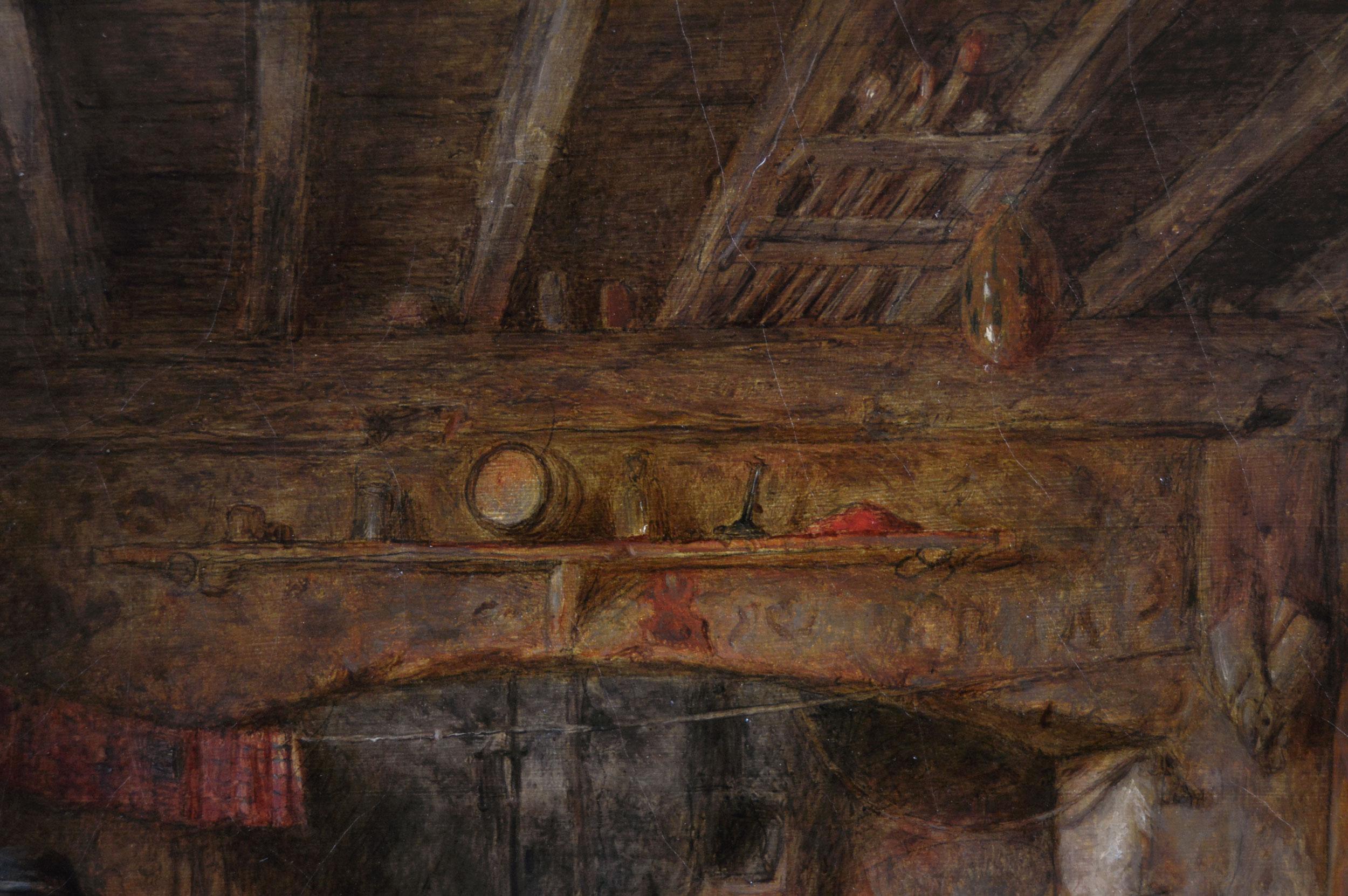 Alfred Provis
britisch, (1818-1890)
Am Kamin
Öl auf Leinwand, signiert und datiert 1869
Bildgröße: 10,5 Zoll x 15,5 Zoll 
Größe einschließlich Rahmen: 21,5 Zoll x 26,5 Zoll

Diese charmante Landhausszene von Alfred Provis zeigt eine Frau, die mit