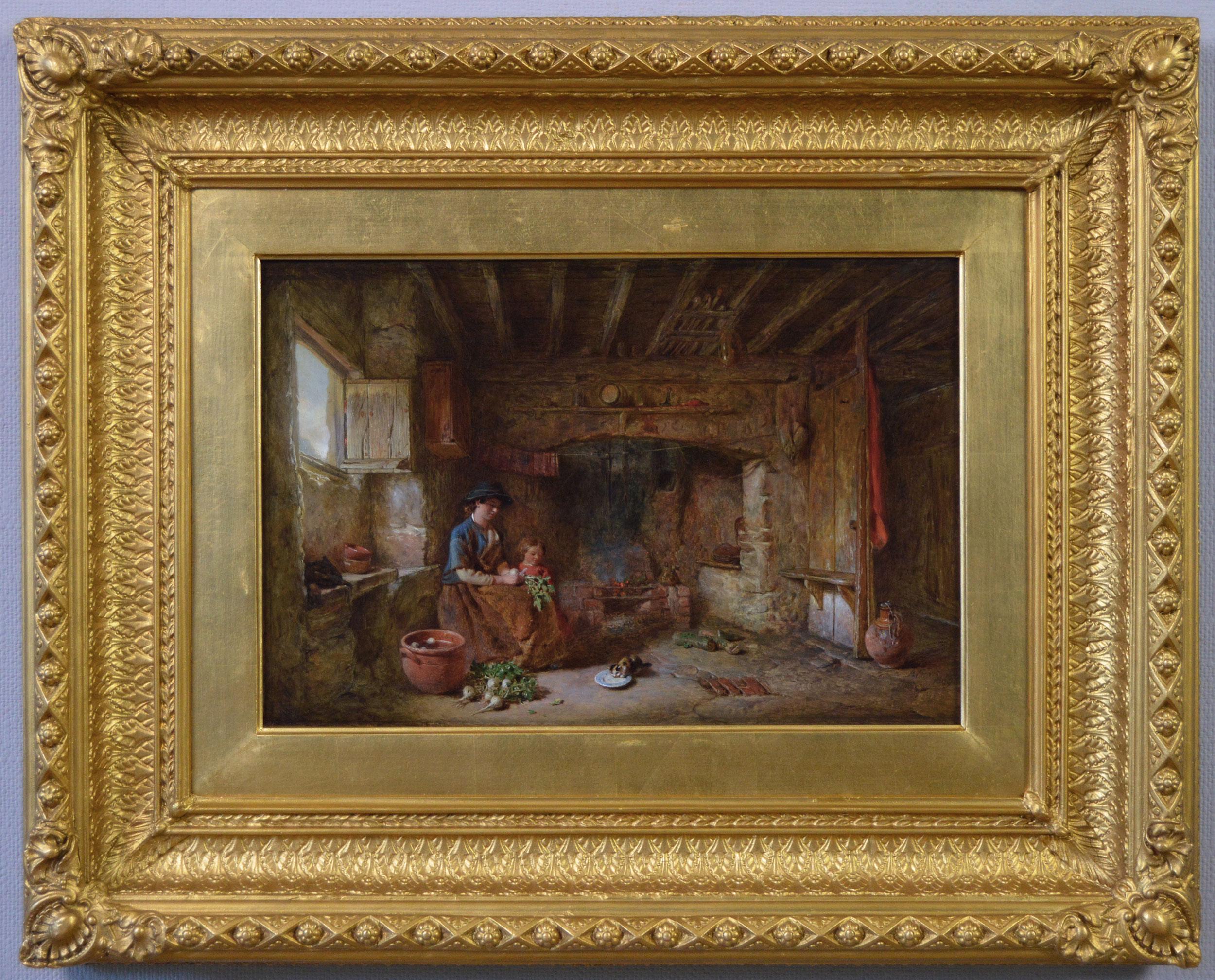Alfred Provis Interior Painting - 19th Century genre oil painting of a woman & child in a Welsh cottage 