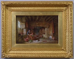 19th Century genre oil painting of a woman & child in a Welsh cottage 