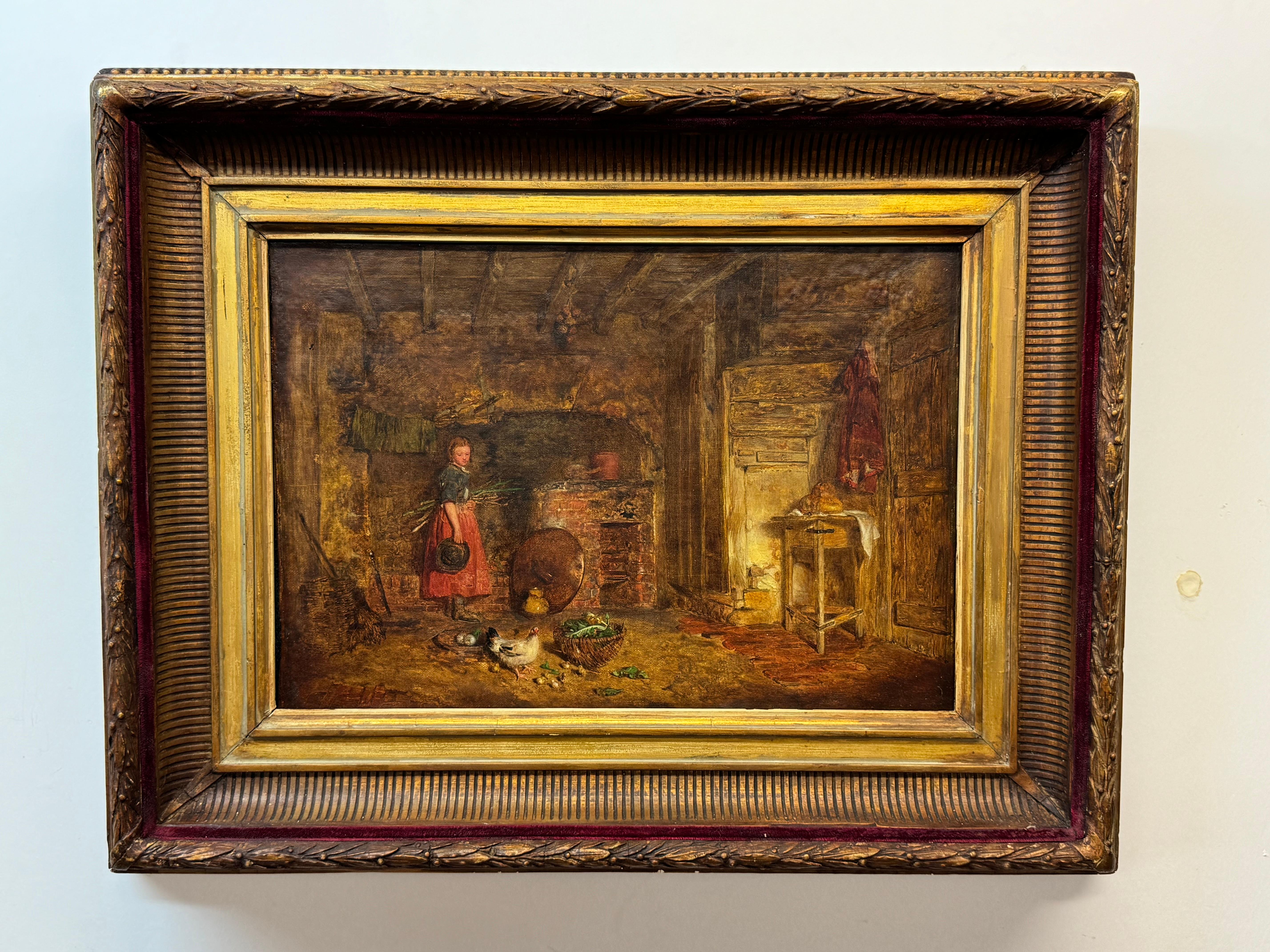Alfred Provis (1843-1886) signed oil painting on canvas English artist. Exhibited at the Royal Academy of Art. English artist most depict cottages and farmhouse interiors. Unfriended 16 x 11. Framed 23.5 x 18.75. The frame is most likely original