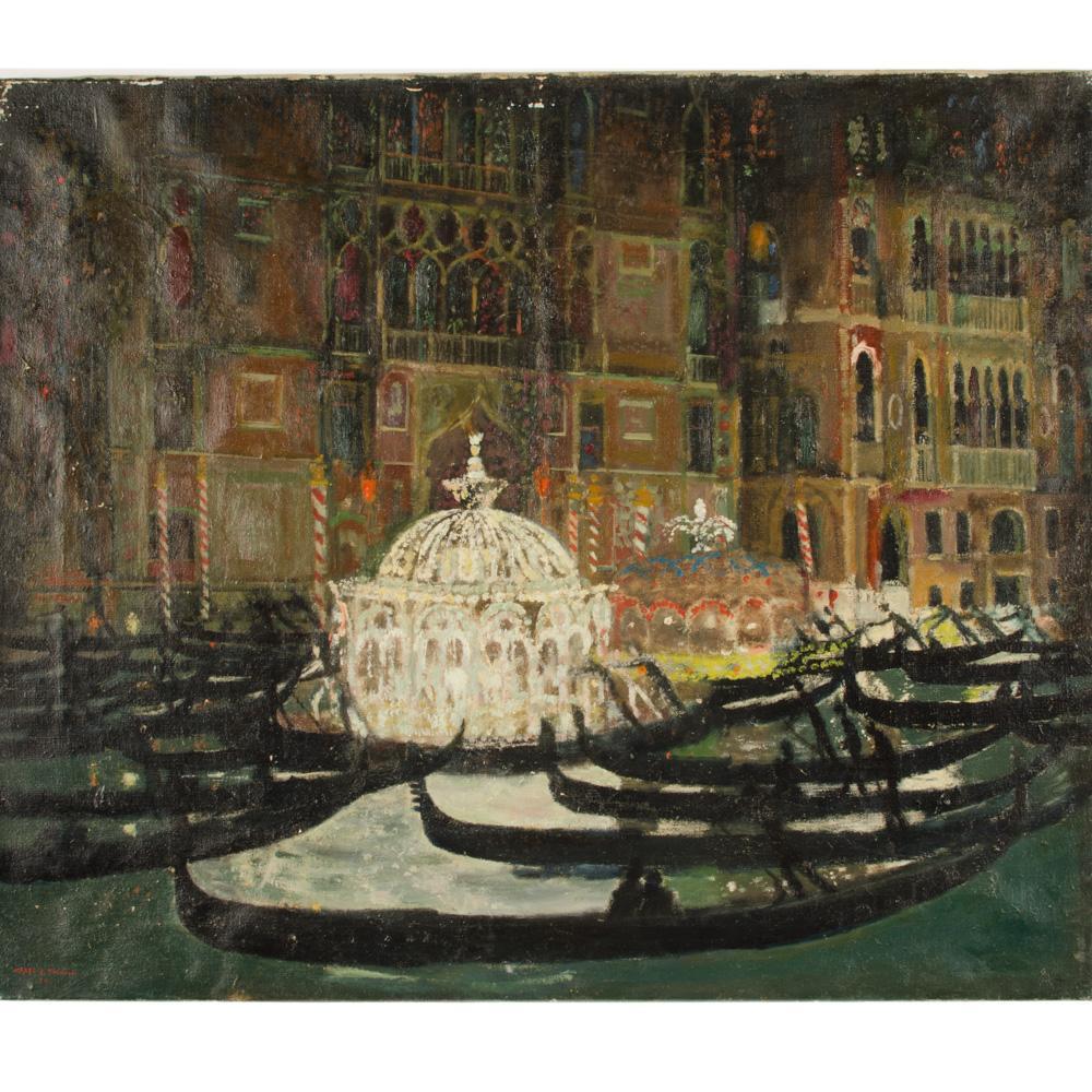 Alfred Reginald Thomson (britannique, 1895 - 1979) Scène vénitienne, gondoles entourant une fontaine. Huile sur toile, signée en bas à gauche et datée de 1964.  Non encadré.