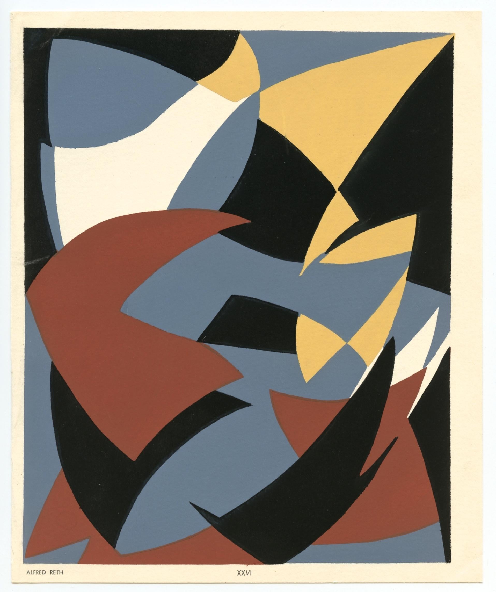 Medium: pochoir. Printed in 1952 for the Temoignages pour l'art abstrait portfolio (Witnesses for Abstract Art) and published by Editions d'Art d'Aujourd'hui in an edition of 1500. Image size: 8 1/2 x 6 7/8 inches (218 x 175 mm). Not signed (the