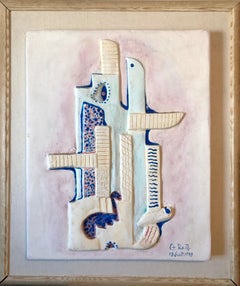 Vintage 1949 Hungarian Cubism Wall Hanging Relief Sculpture with Enamel Painting Cubist 